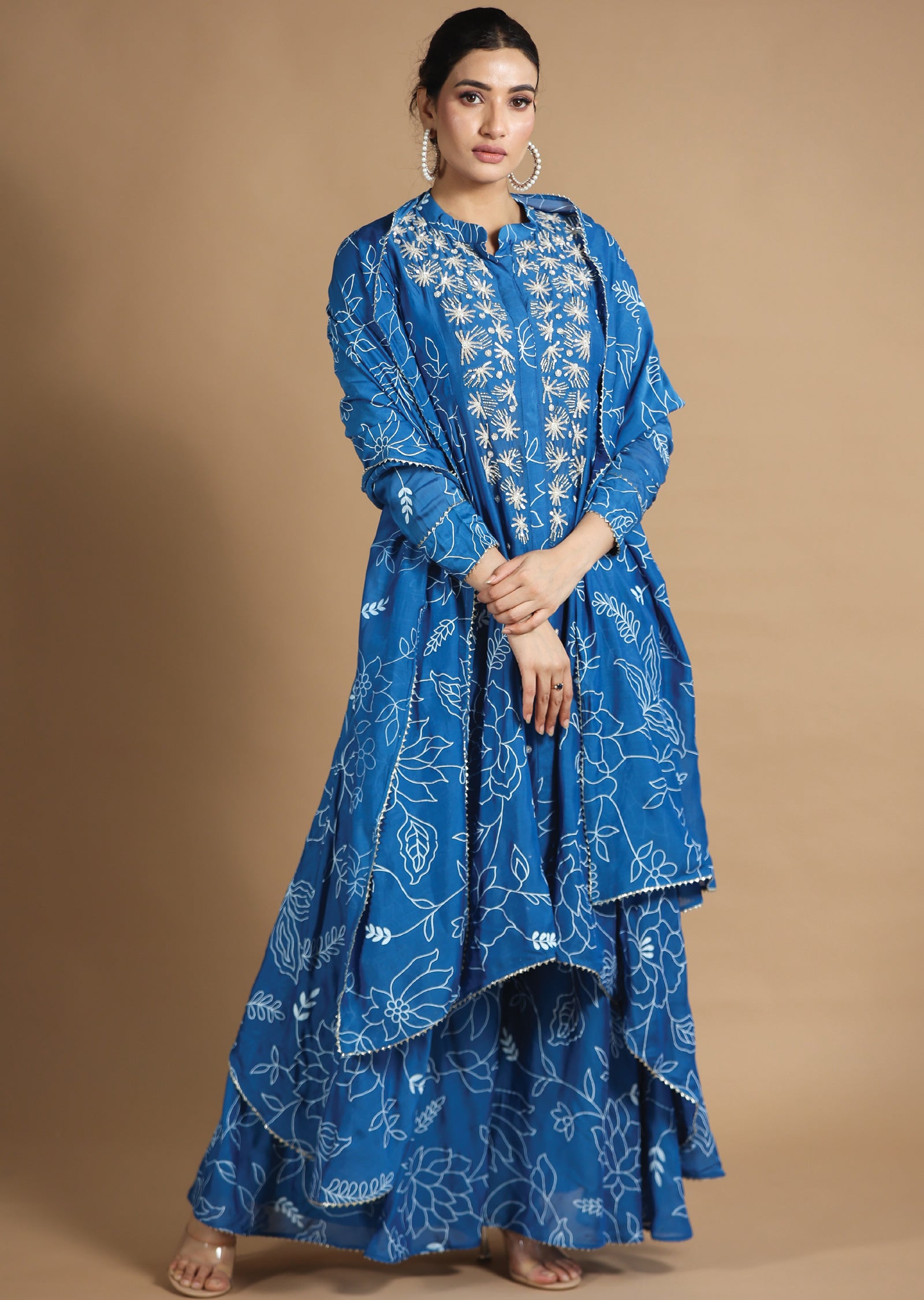 Blue Muslin Chanderi Kurti with Sequence & Pearl Work