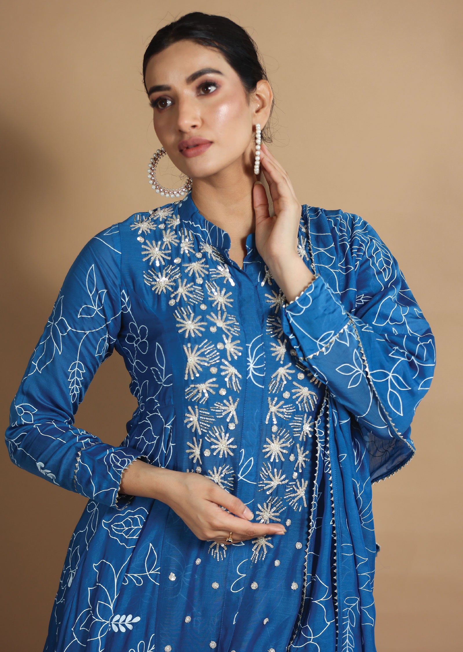 Blue Muslin Chanderi Kurti with Sequence & Pearl Work