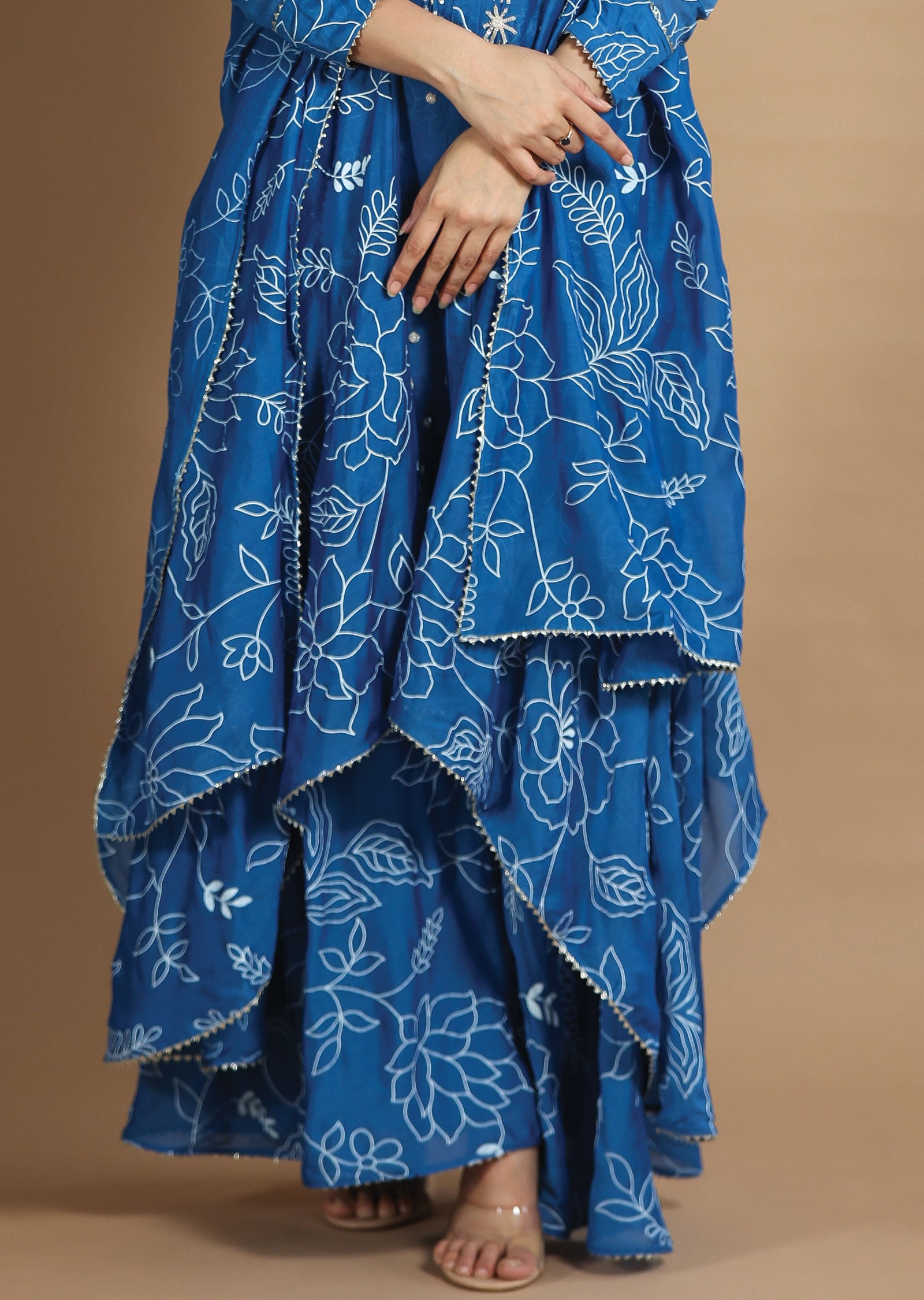 Blue Muslin Chanderi Kurti with Sequence & Pearl Work