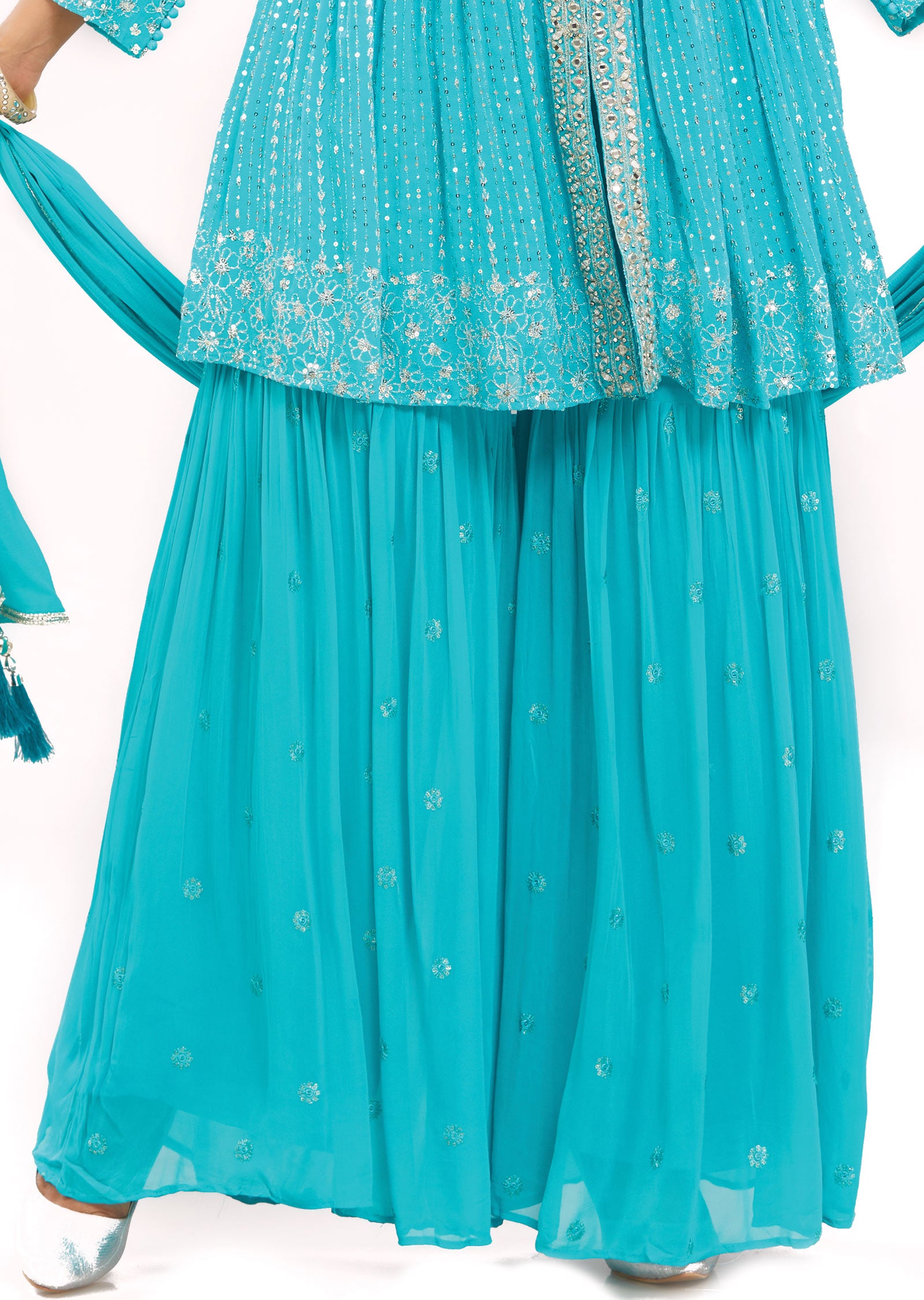 Sea Green Georgette Peplum Top with Zari & Mirror Work