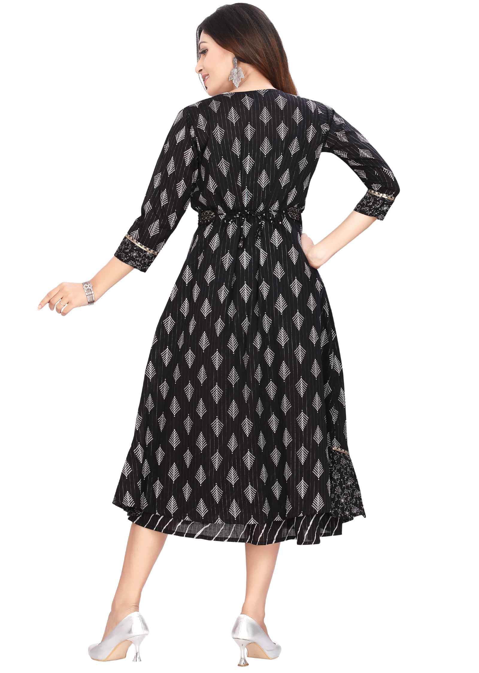 Black Cotton Printed Frock Style Kurti