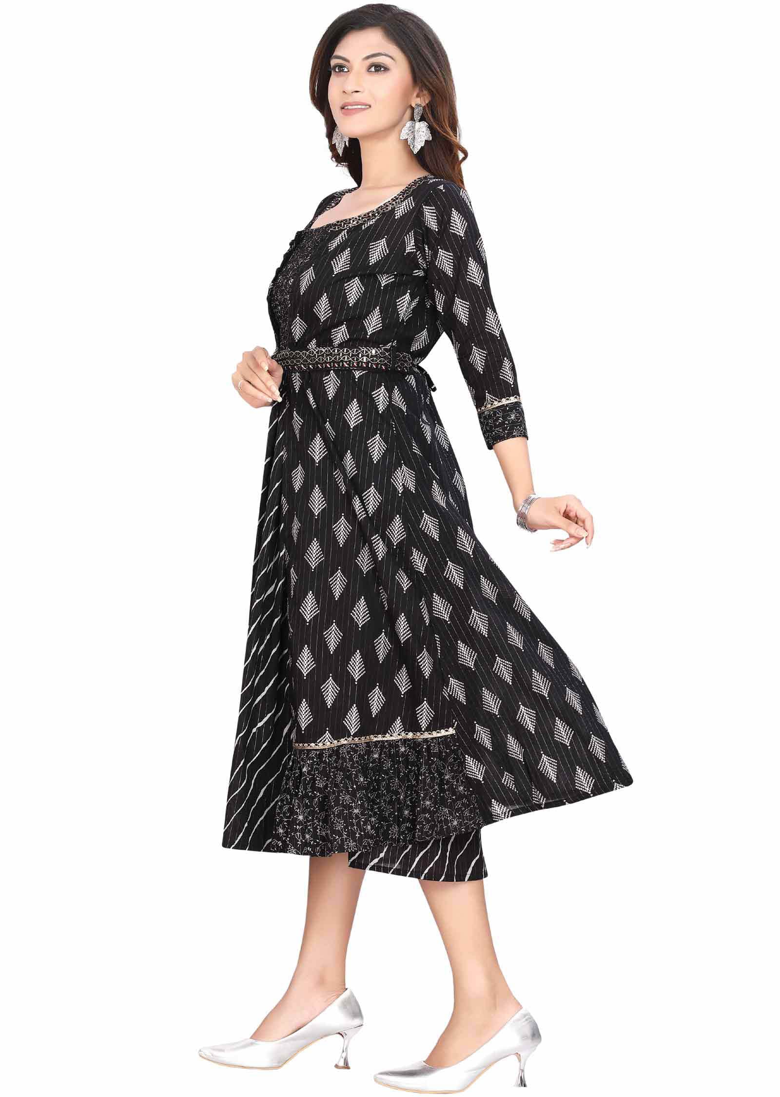 Black Cotton Printed Frock Style Kurti