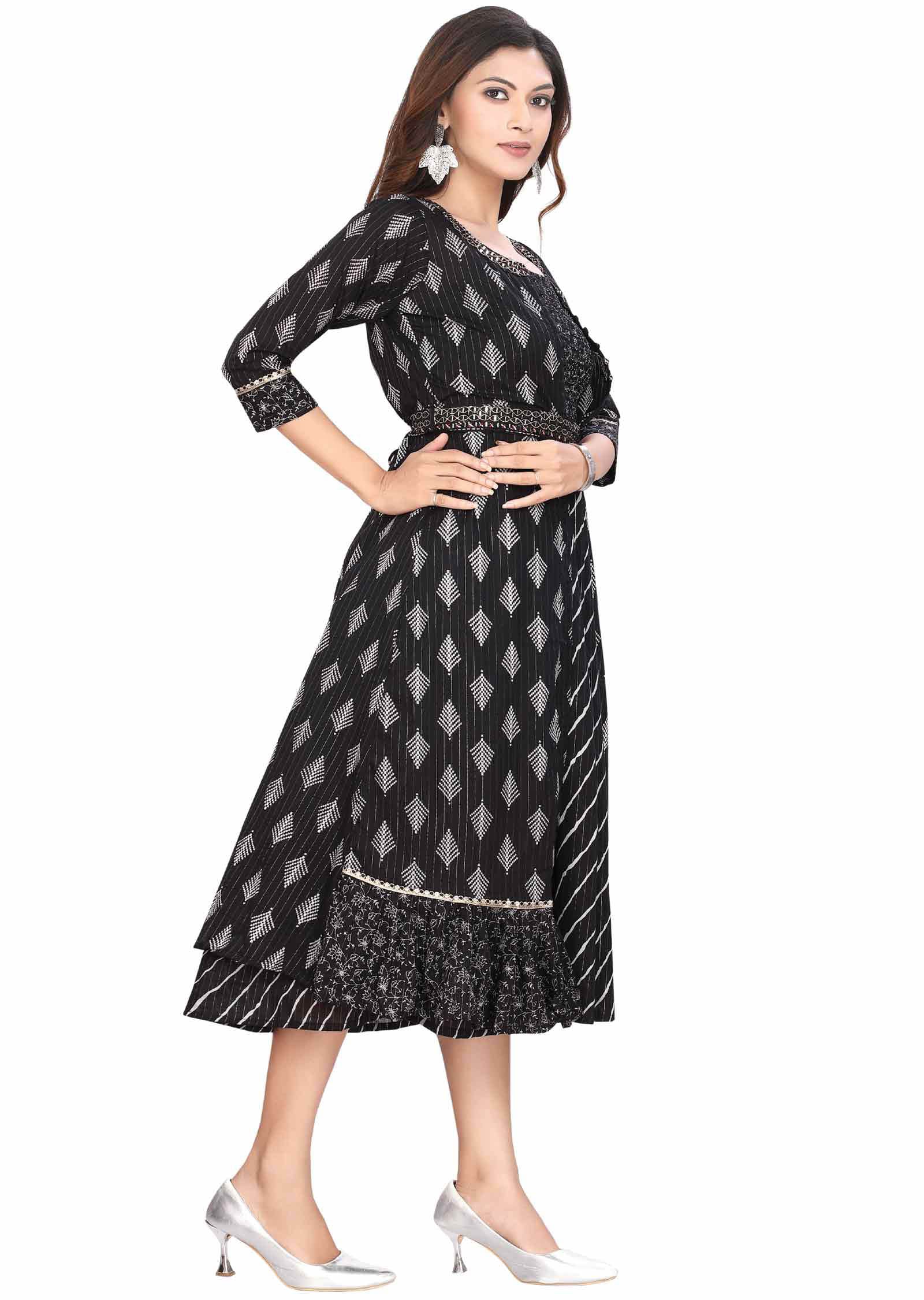 Black Cotton Printed Frock Style Kurti