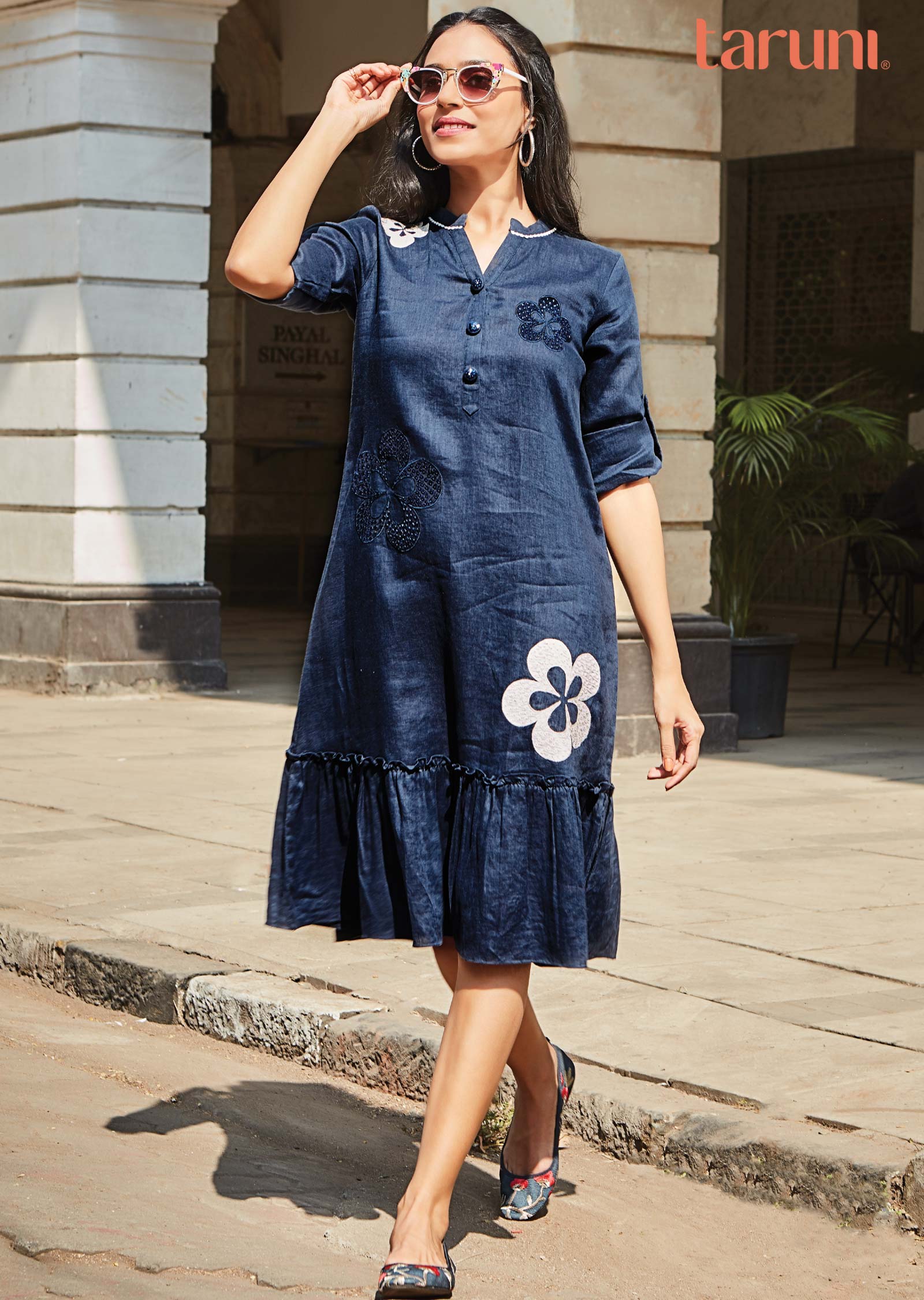 Navy Blue Linen Midi Dress