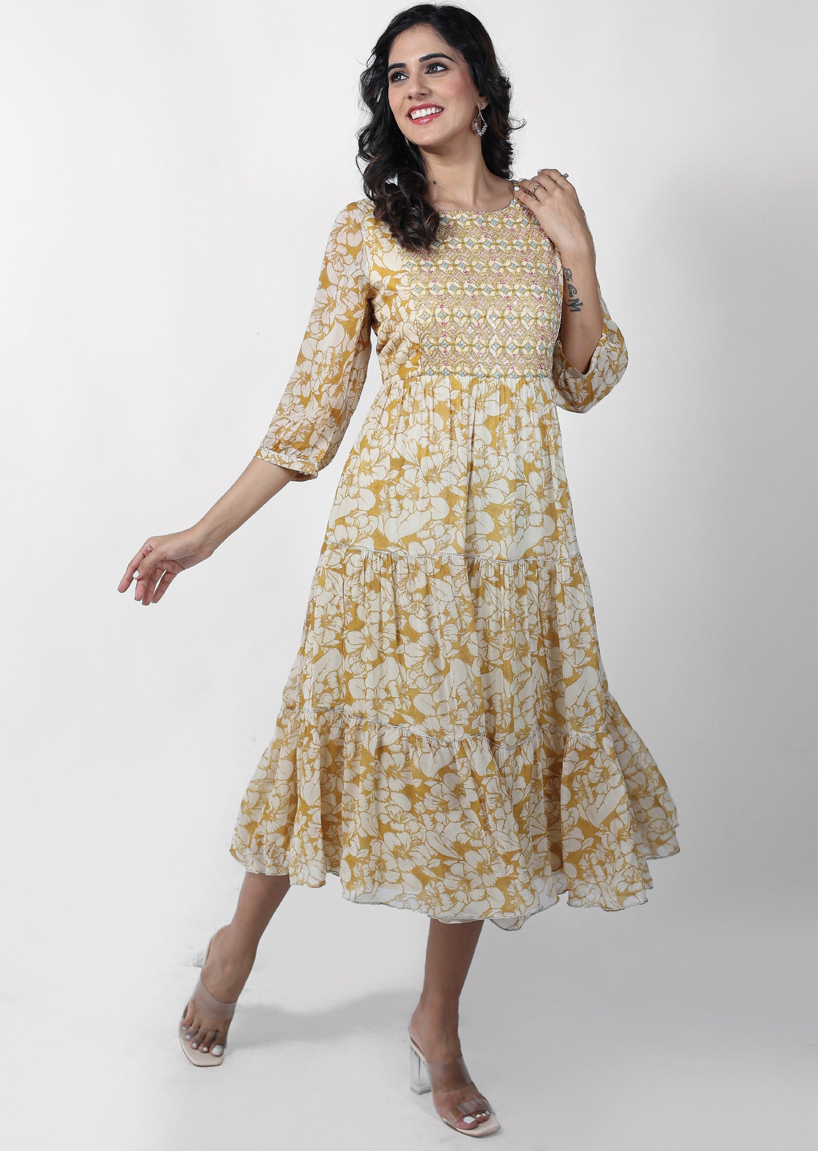 Mustard Georgette Embroidered Frock Style Kurti