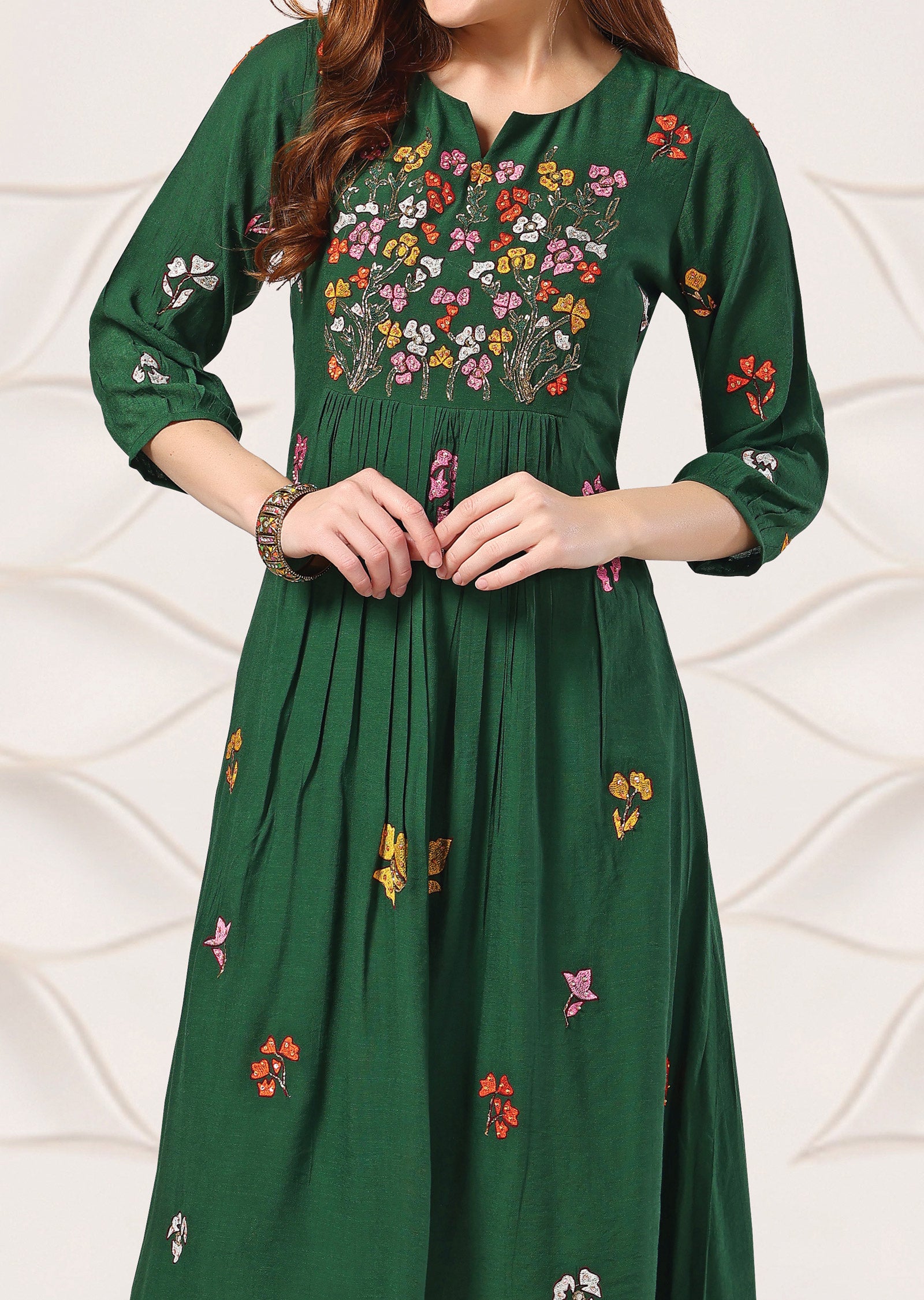 Dark Green Linen Georgette Kurti Frock Style