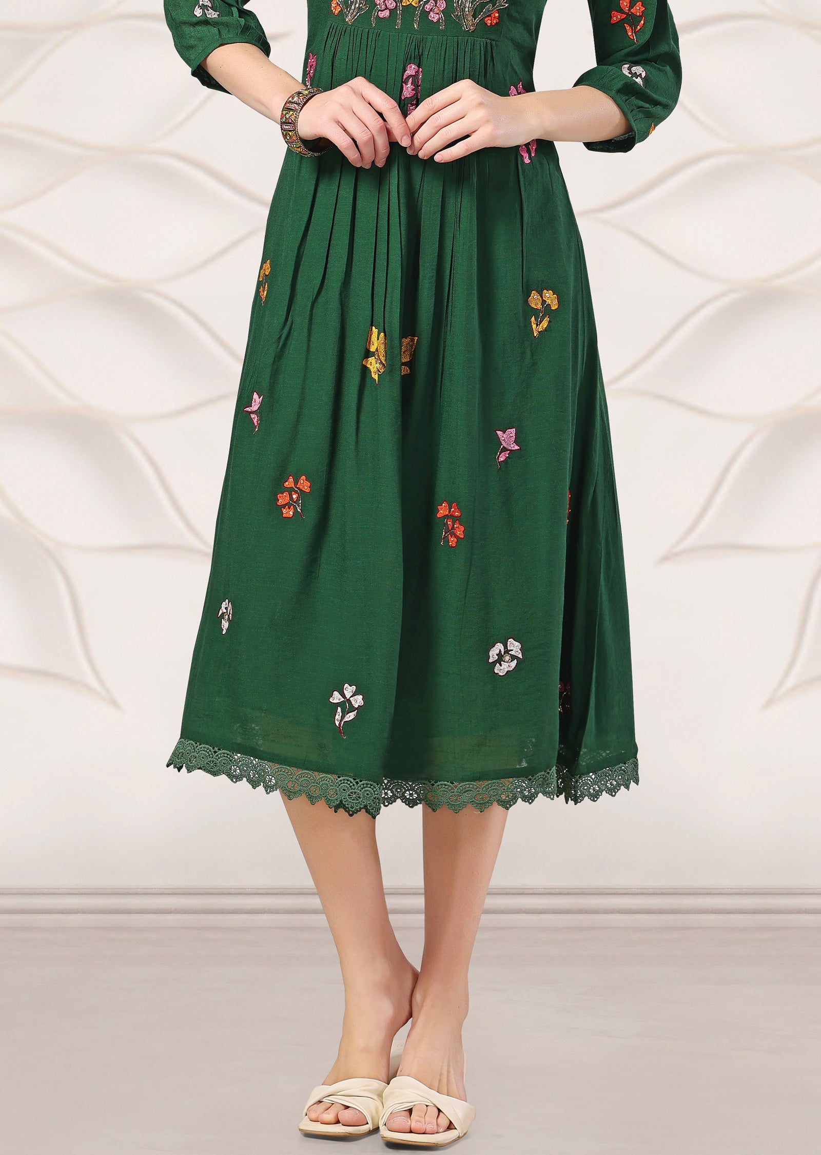 Dark Green Linen Georgette Kurti Frock Style