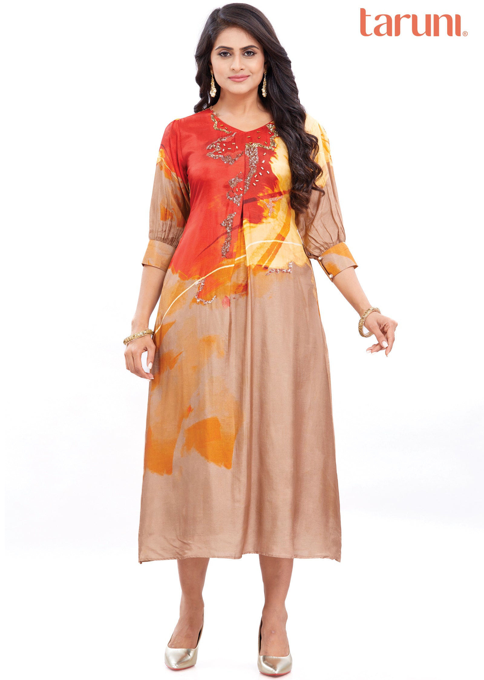 Brown & Red A-Line Silk Kurti with Beads & Sequence Work