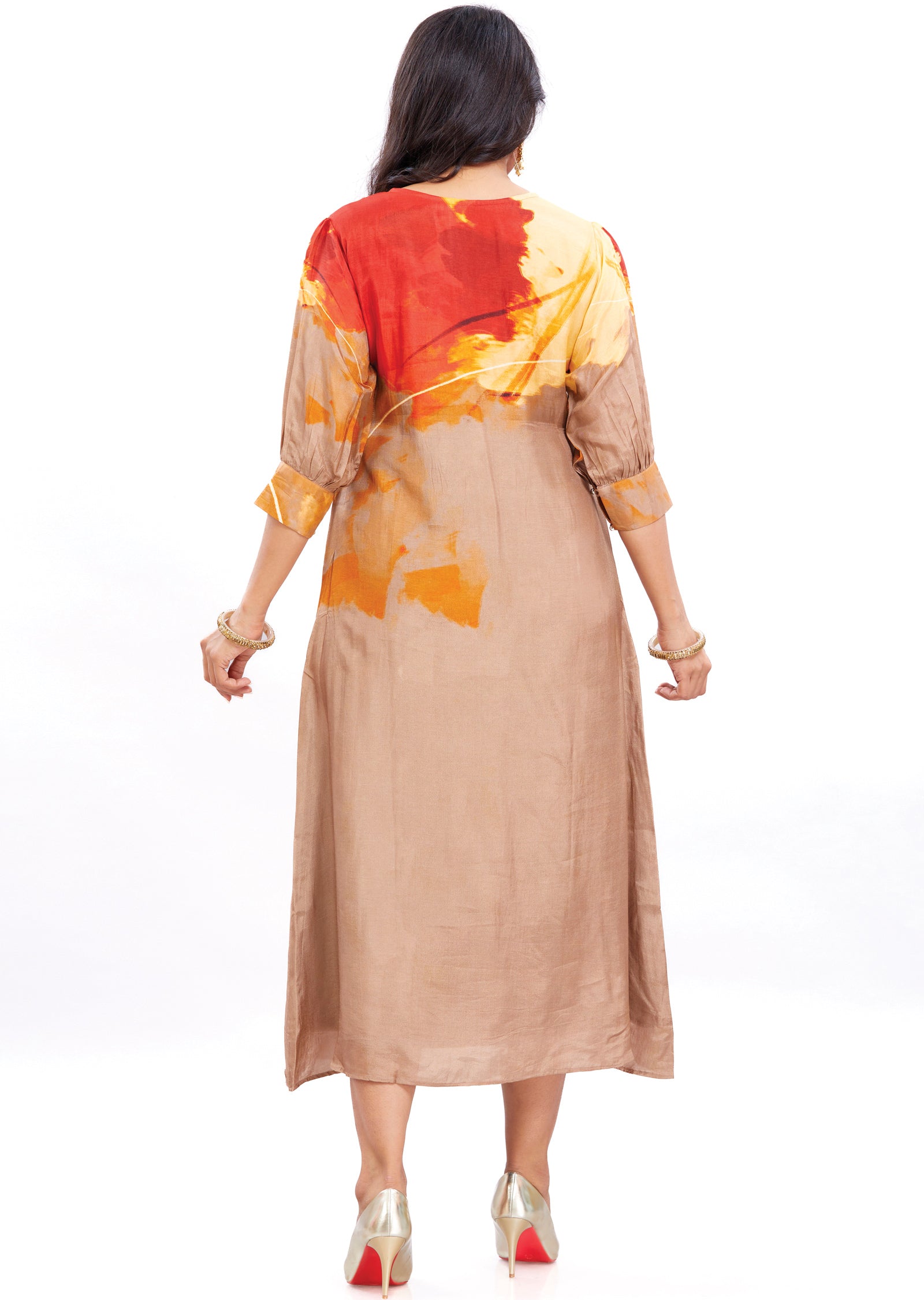 Brown & Red A-Line Silk Kurti with Beads & Sequence Work