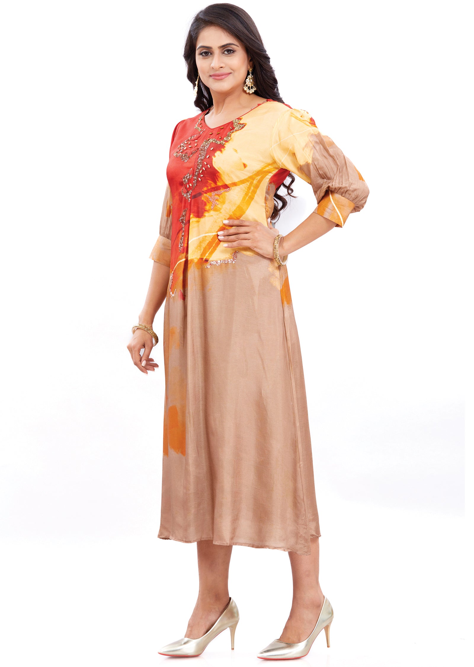 Brown & Red A-Line Silk Kurti with Beads & Sequence Work