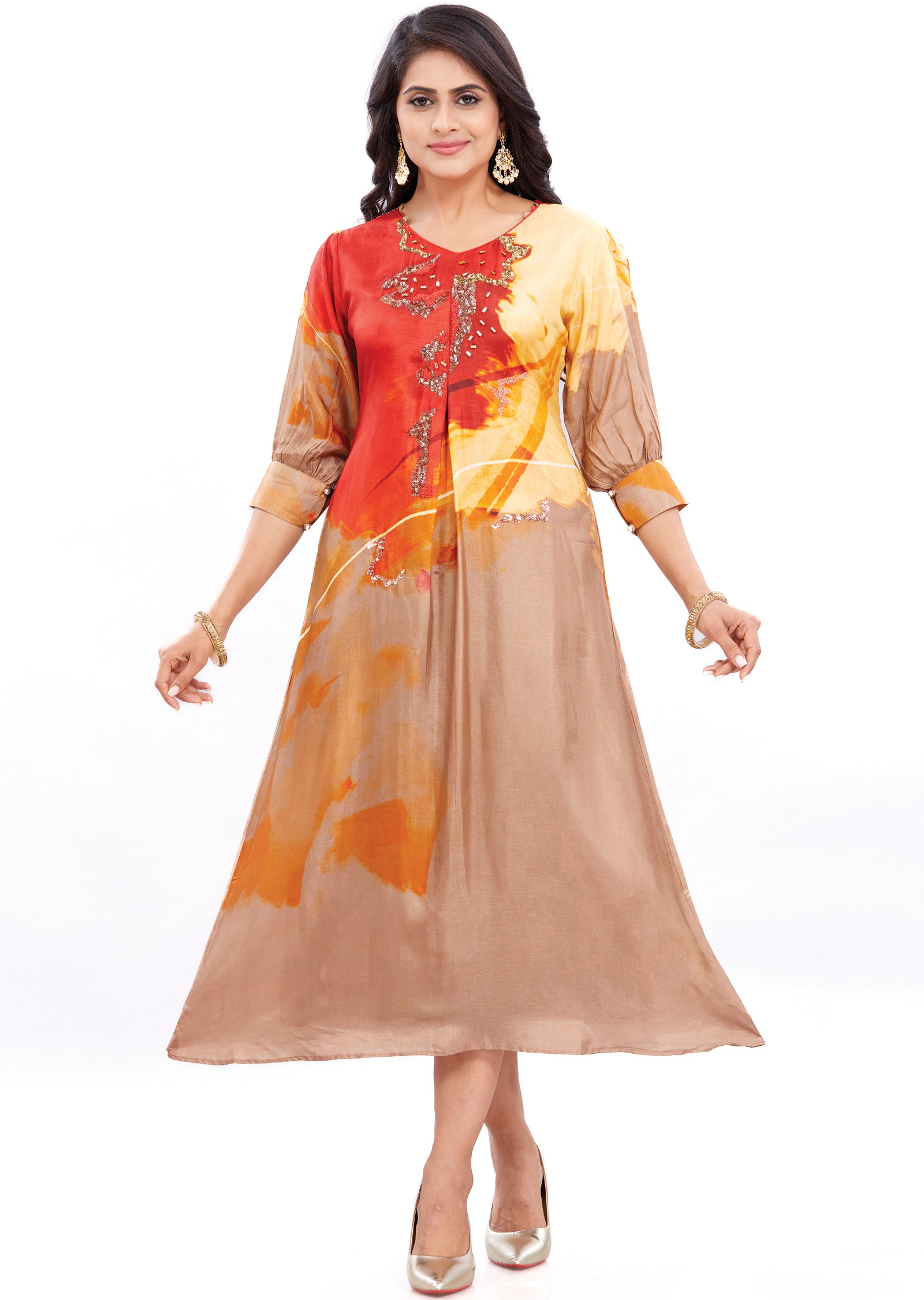 Brown & Red A-Line Silk Kurti with Beads & Sequence Work
