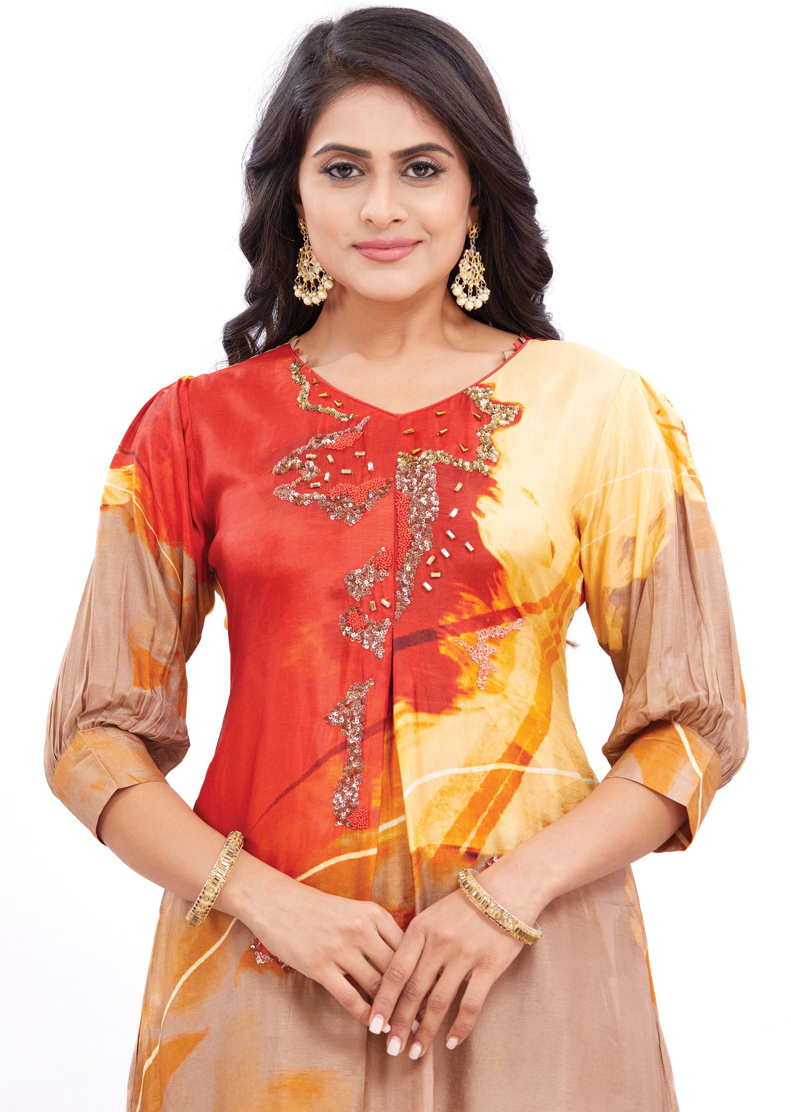 Brown & Red A-Line Silk Kurti with Beads & Sequence Work