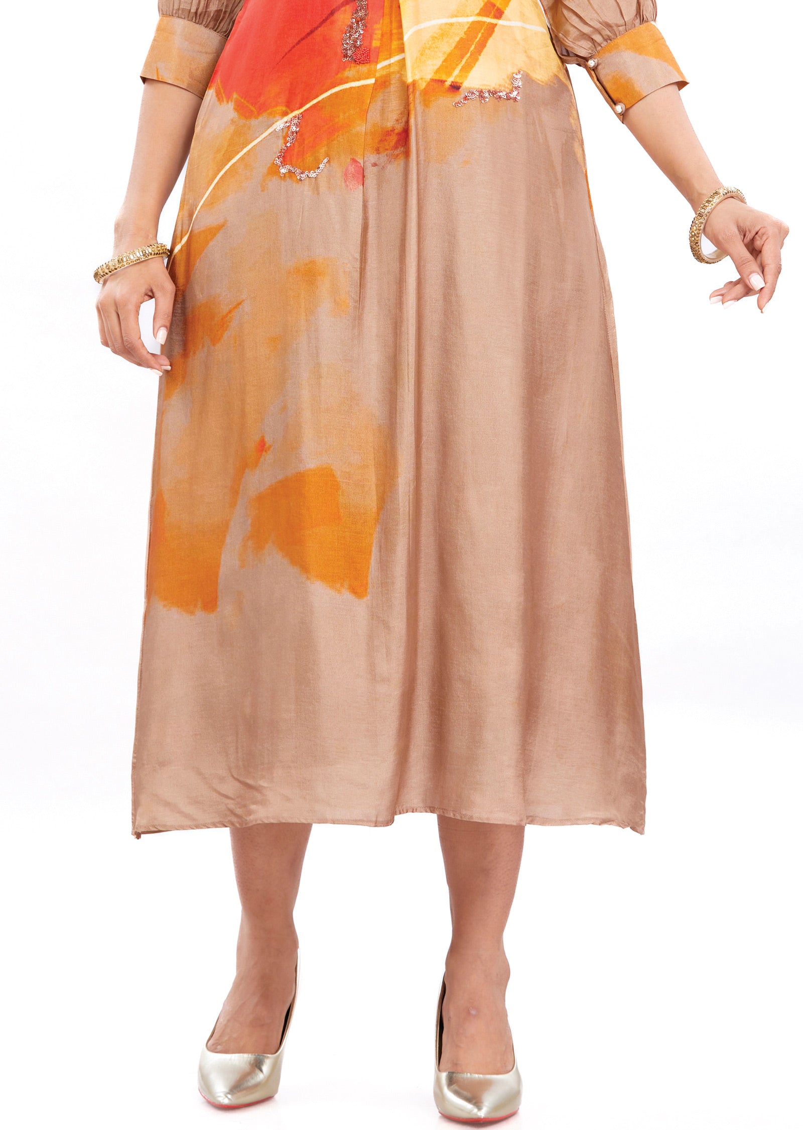 Brown & Red A-Line Silk Kurti with Beads & Sequence Work