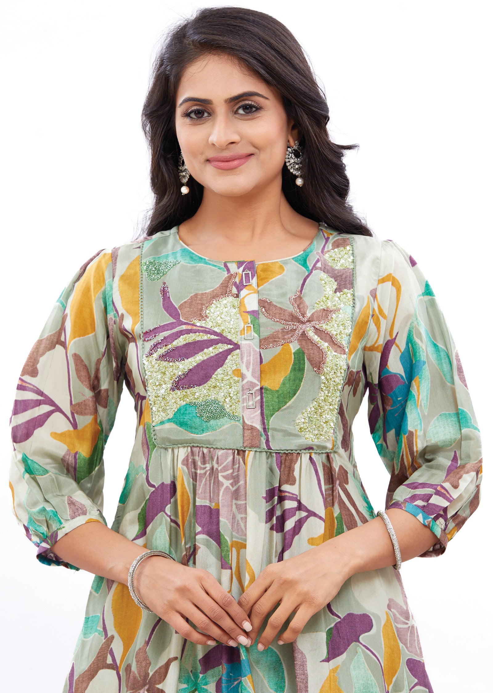 Mehndi Green Silk Frock Style Kurti with Sequence Work