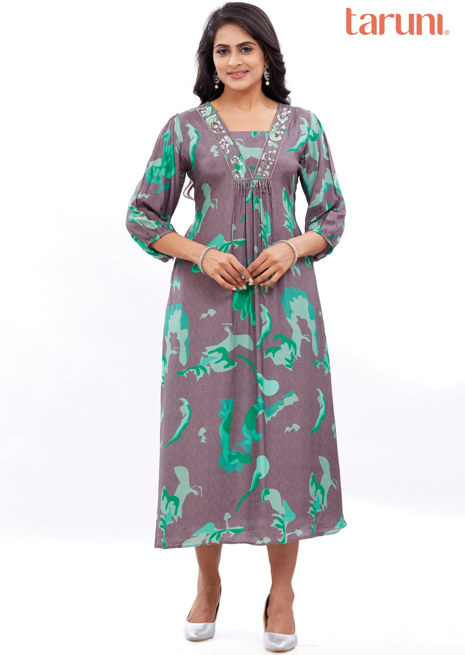 Mouse Green Muslin Frock Style Kurti with Resham Work