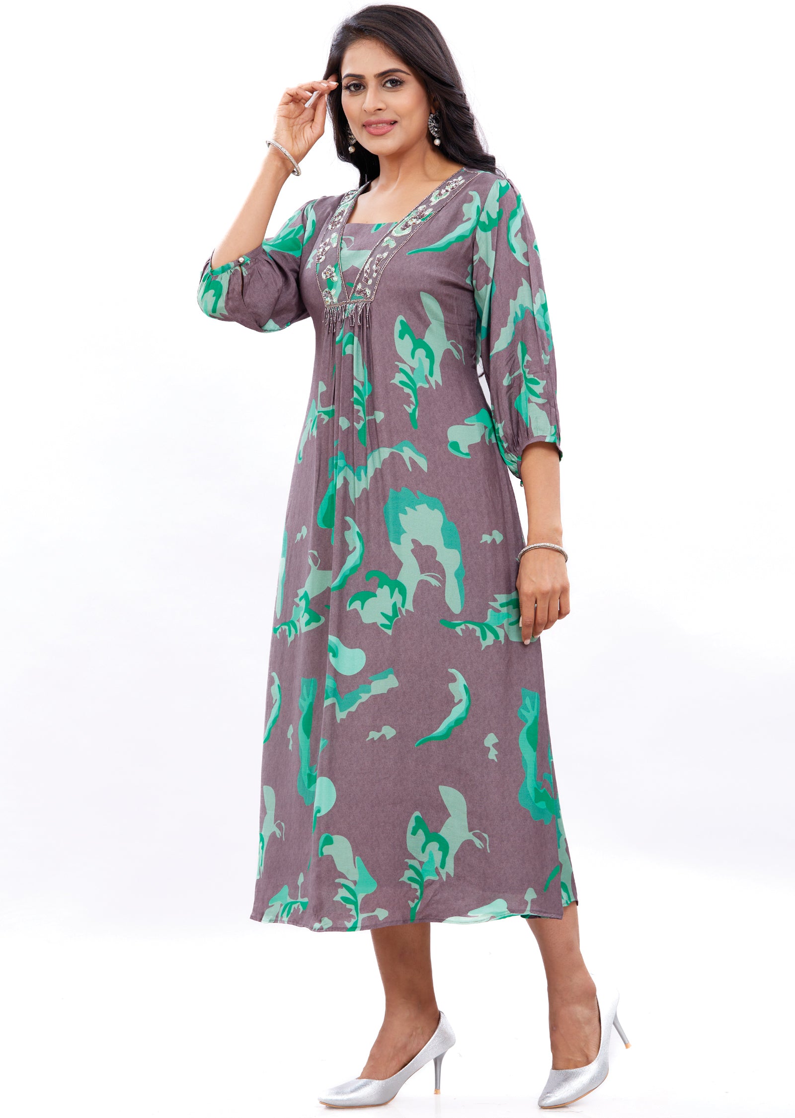 Mouse Green Muslin Frock Style Kurti with Resham Work