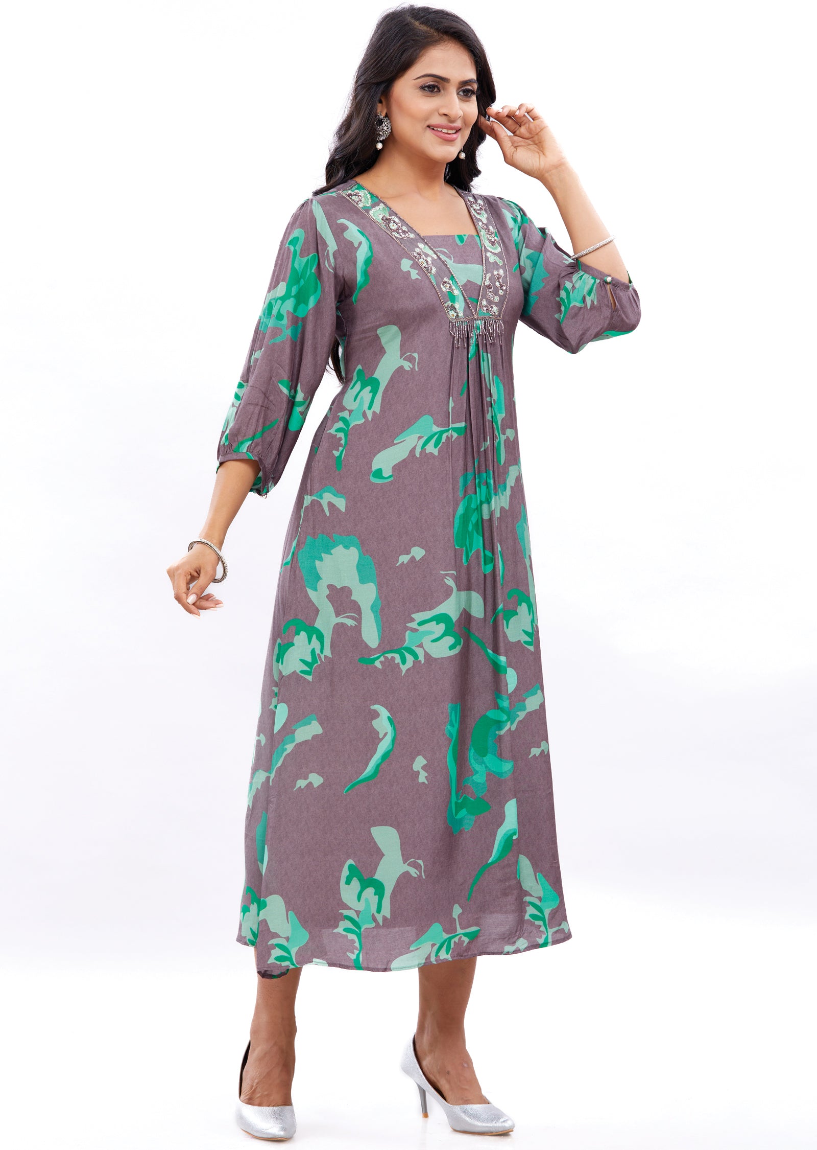 Mouse Green Muslin Frock Style Kurti with Resham Work