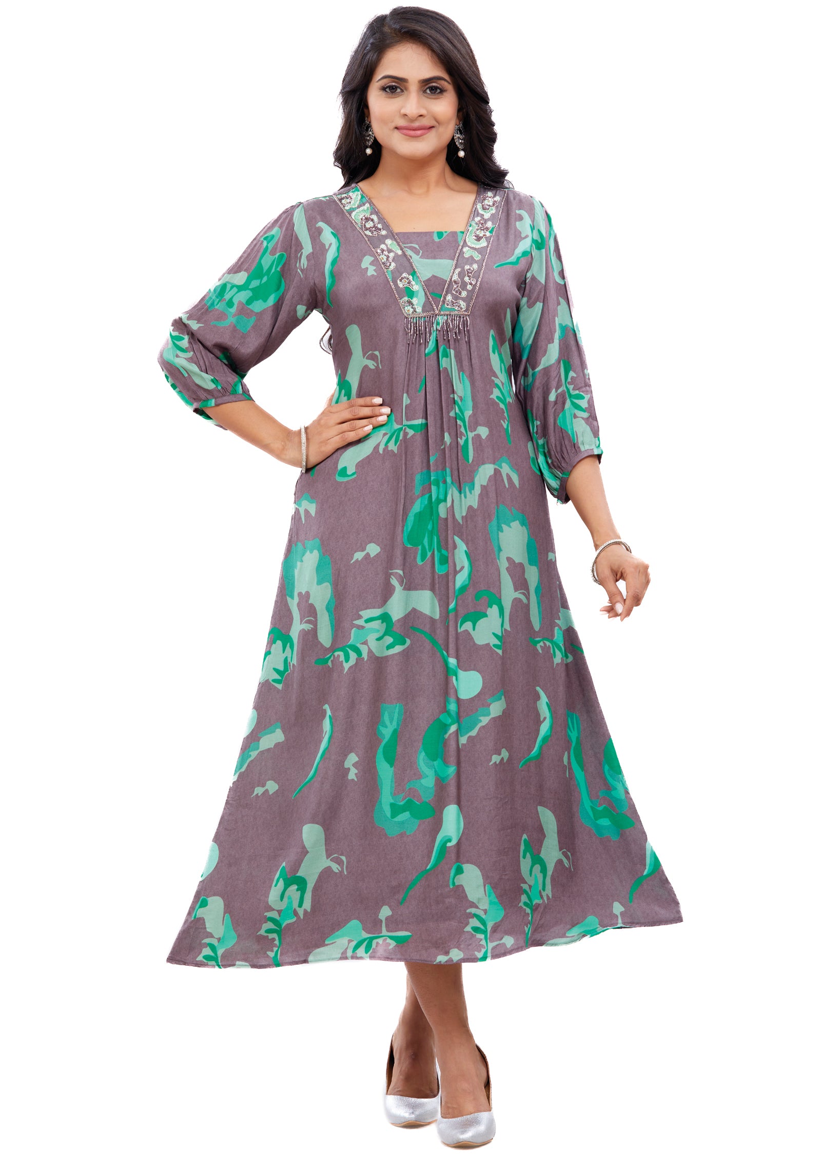 Mouse Green Muslin Frock Style Kurti with Resham Work