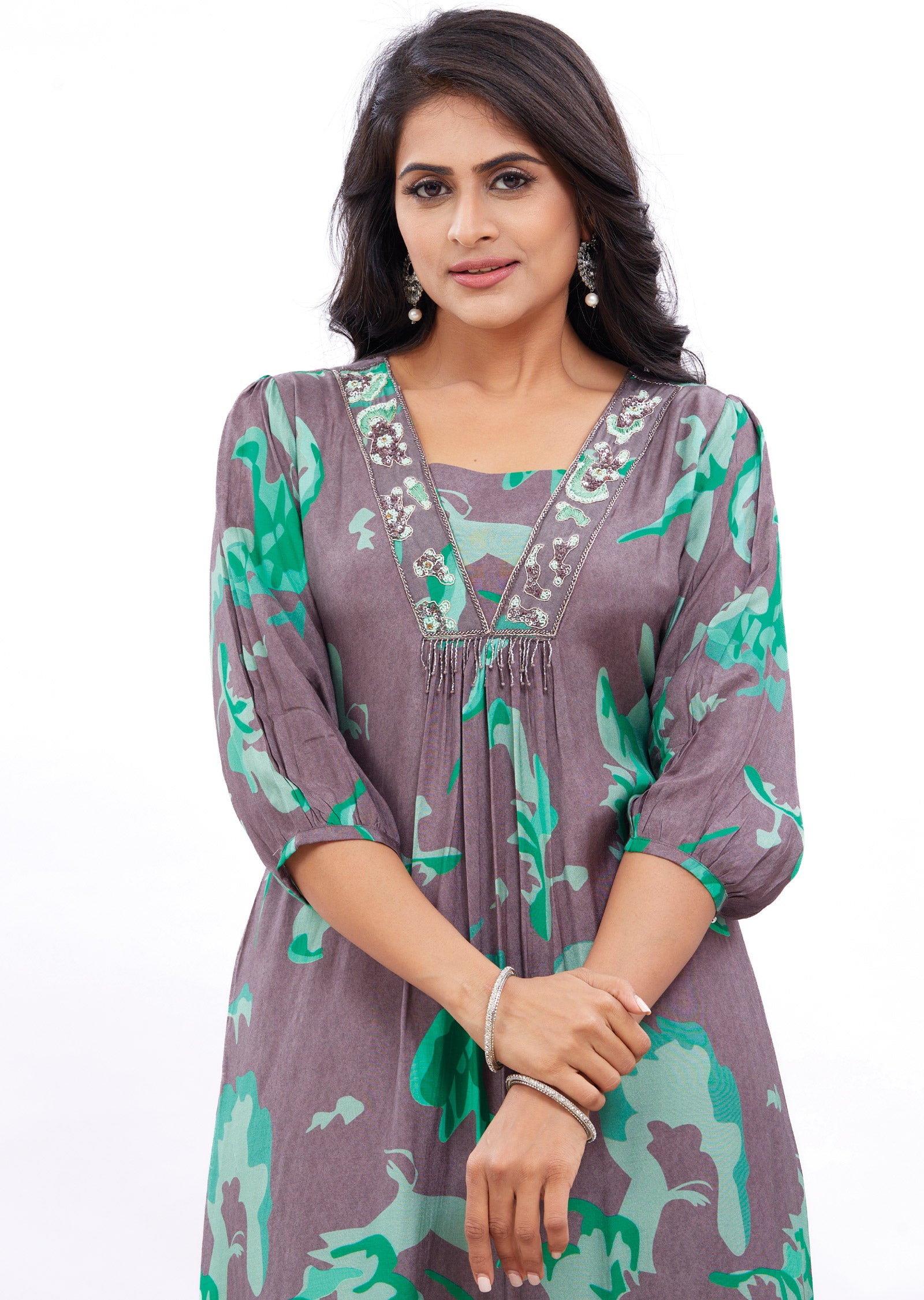 Mouse Green Muslin Frock Style Kurti with Resham Work