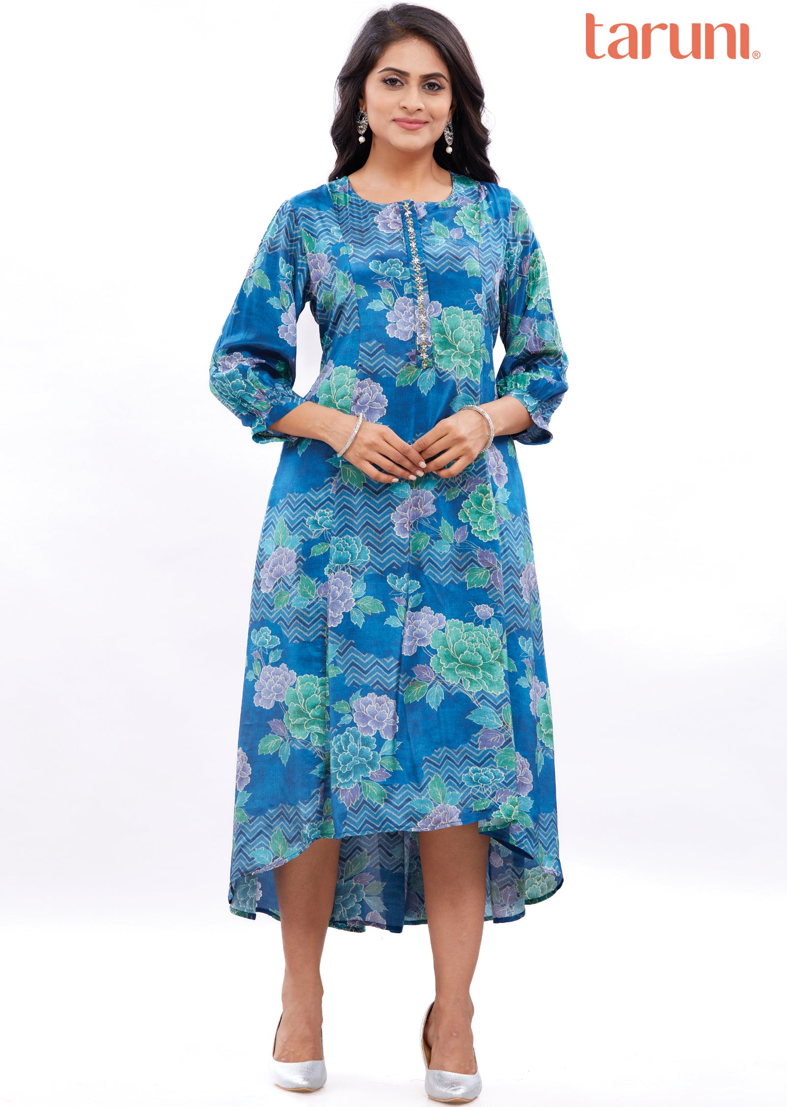 Blue Crepe Frock Kurti with Cut Dana & Sequence Work
