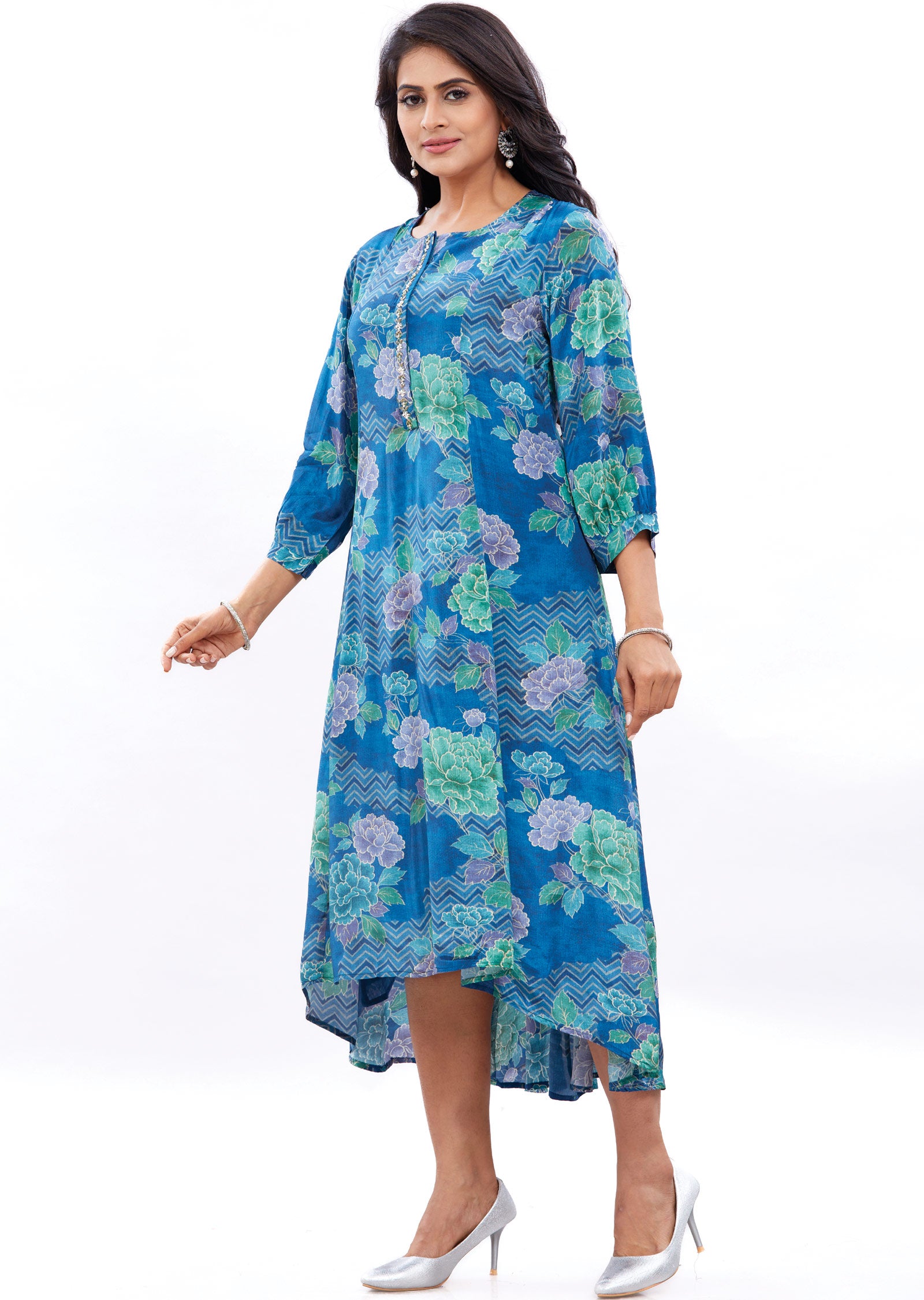 Blue Crepe Frock Kurti with Cut Dana & Sequence Work