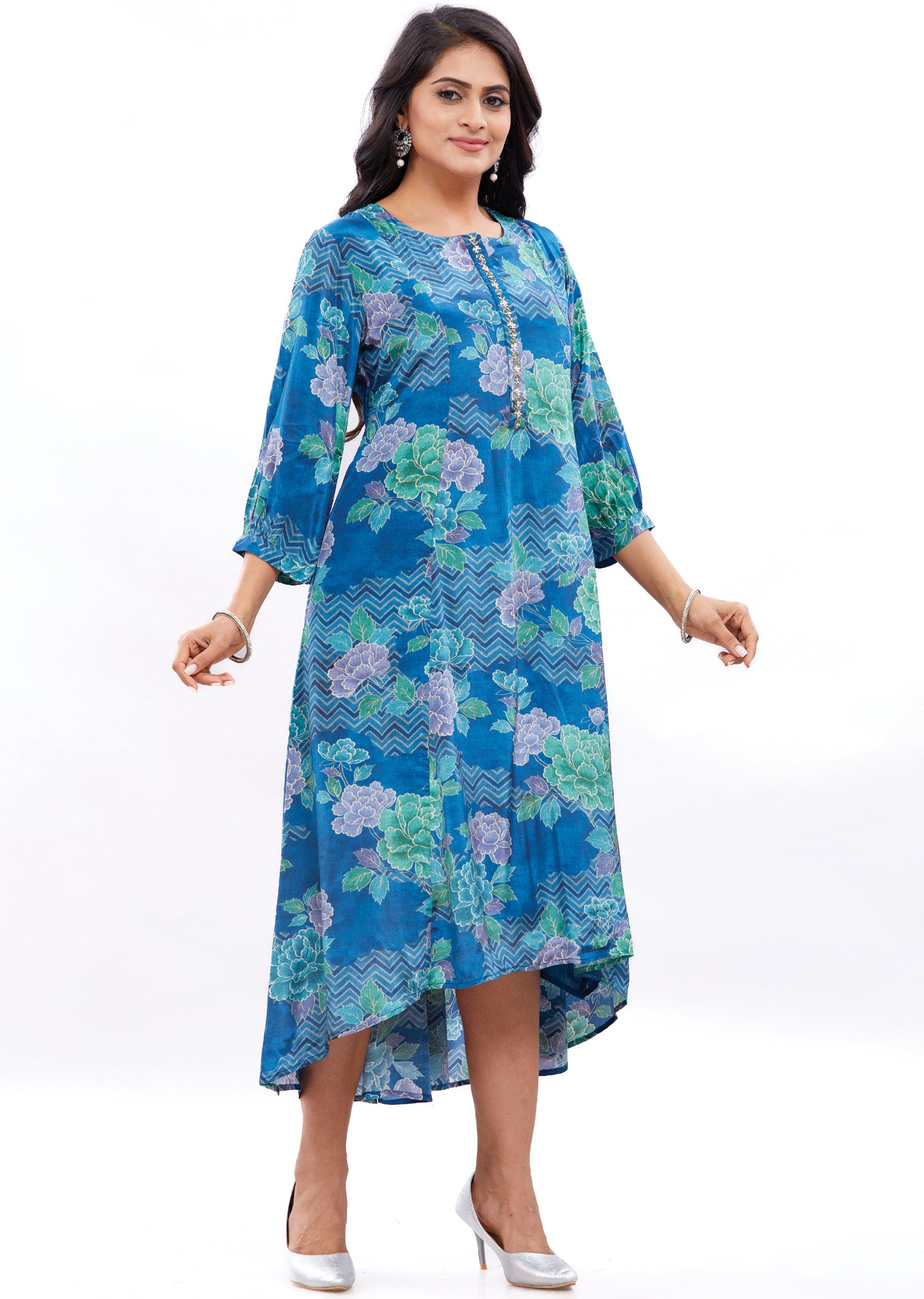Blue Crepe Frock Kurti with Cut Dana & Sequence Work