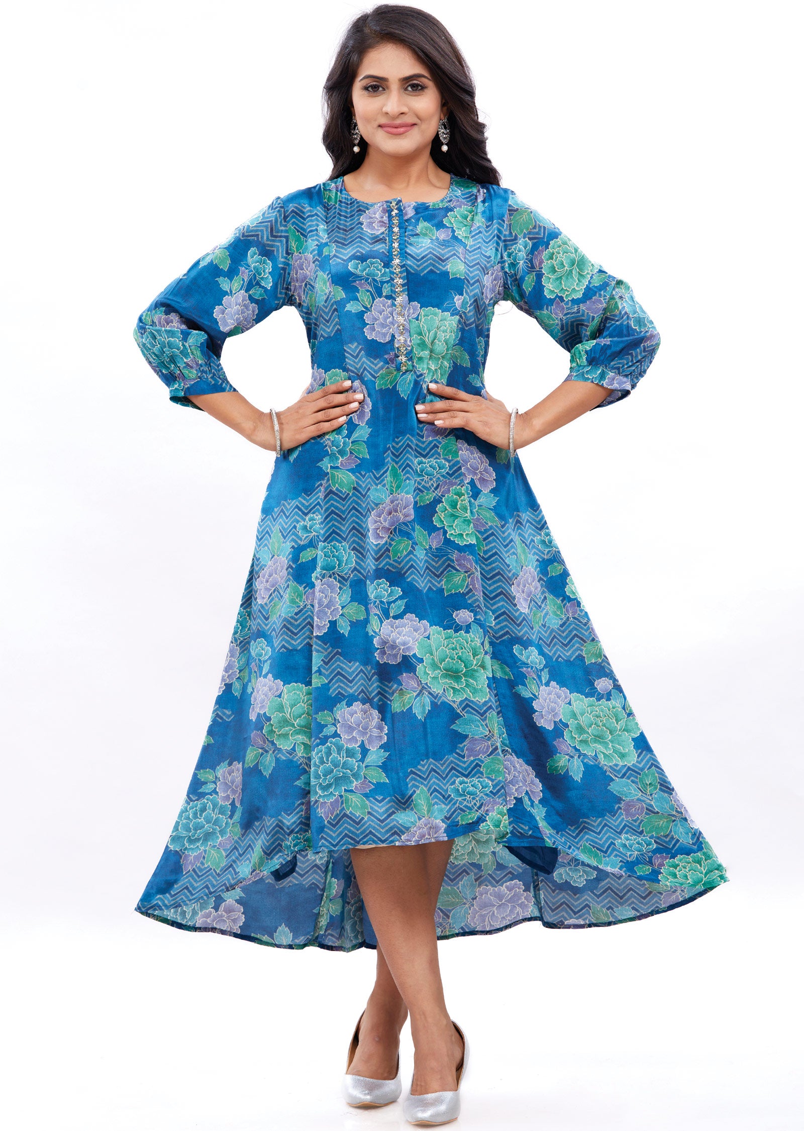 Blue Crepe Frock Kurti with Cut Dana & Sequence Work