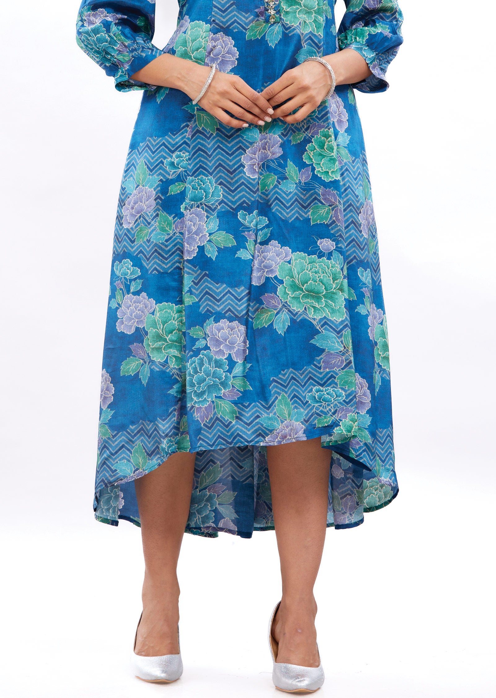 Blue Crepe Frock Kurti with Cut Dana & Sequence Work