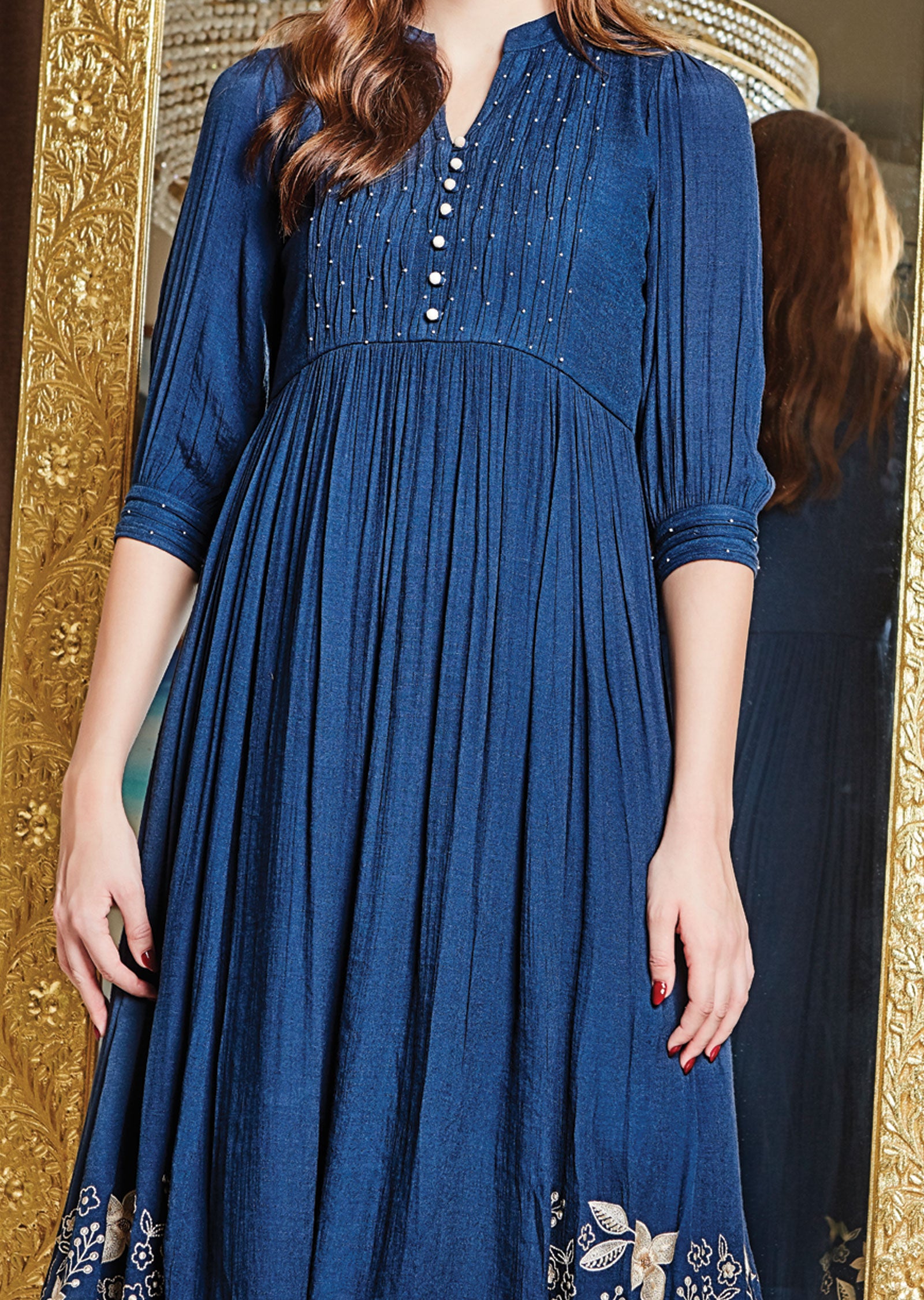 Navy Blue Frock Style Kurti with Pearl and Resham Work