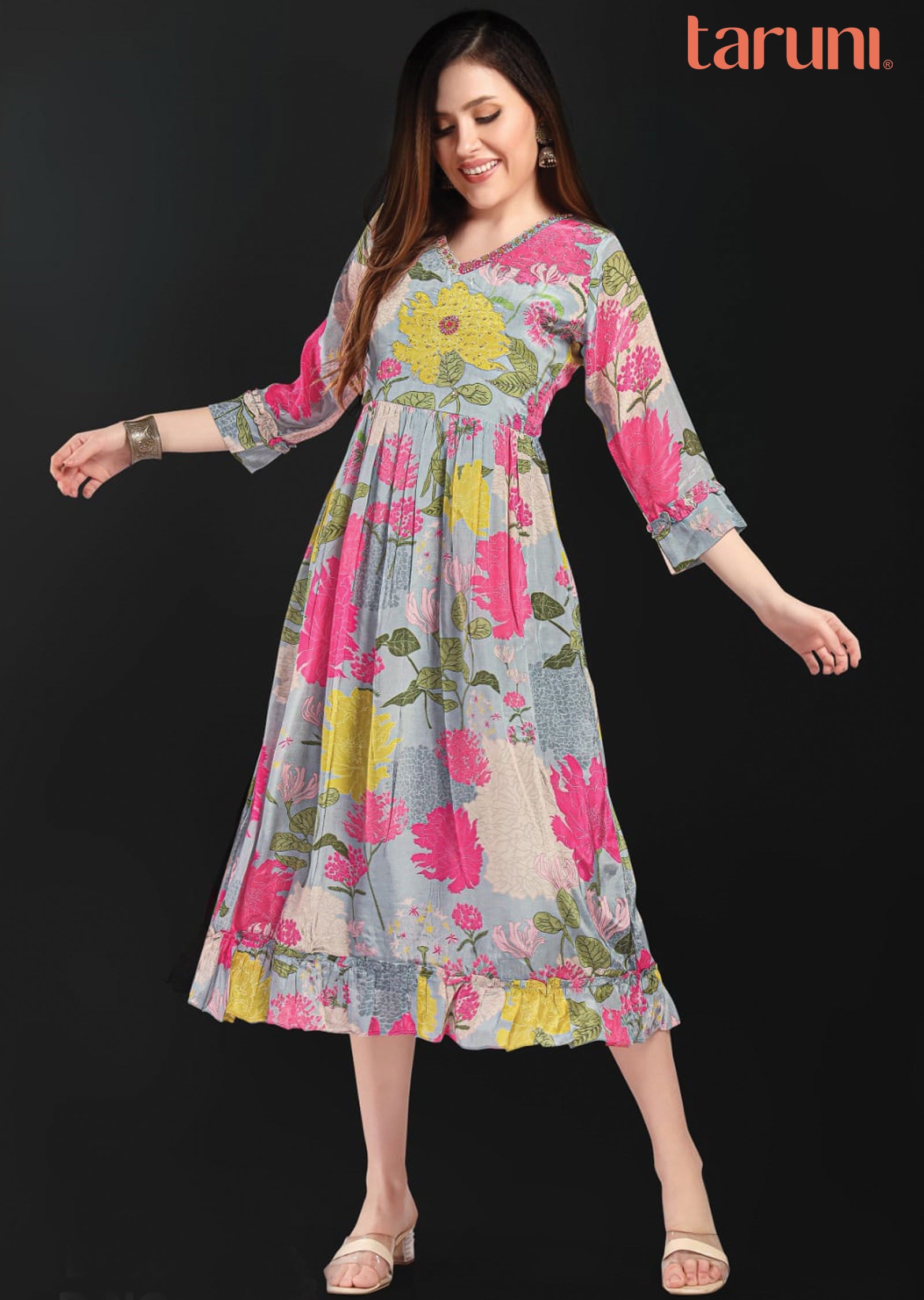 Light Grey Crepe Frock Kurti with Pearl & Sequence Work