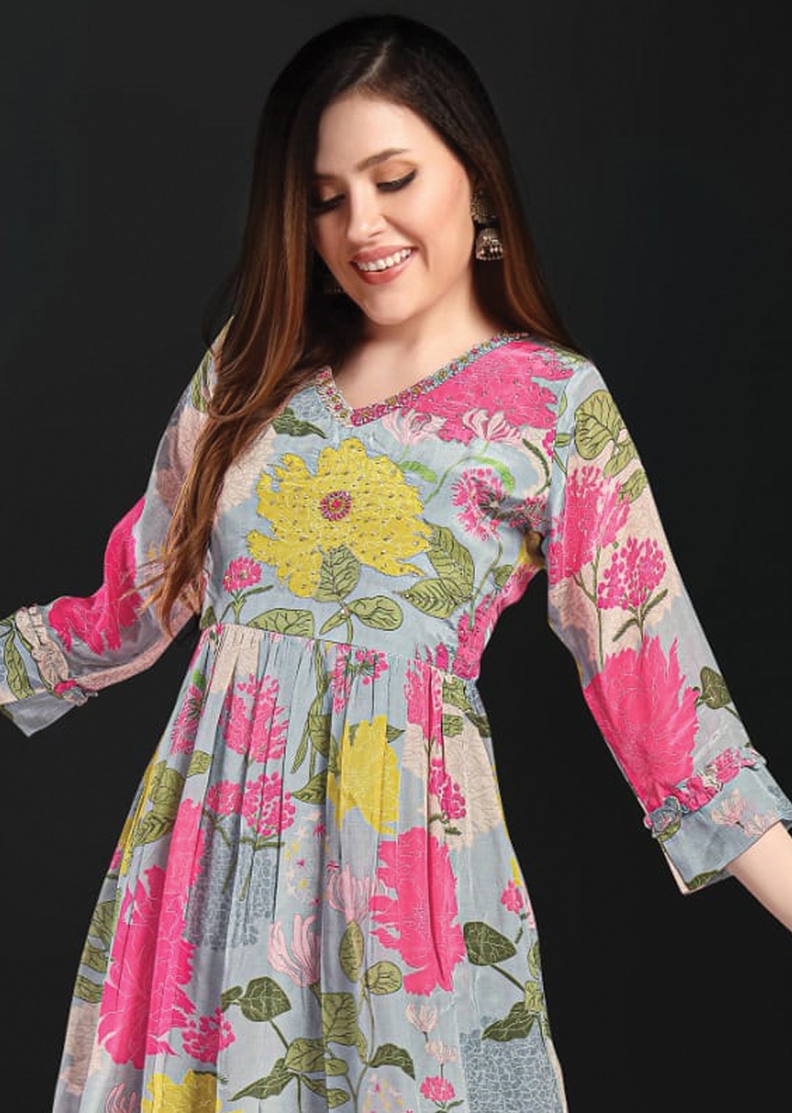 Light Grey Crepe Frock Kurti with Pearl & Sequence Work