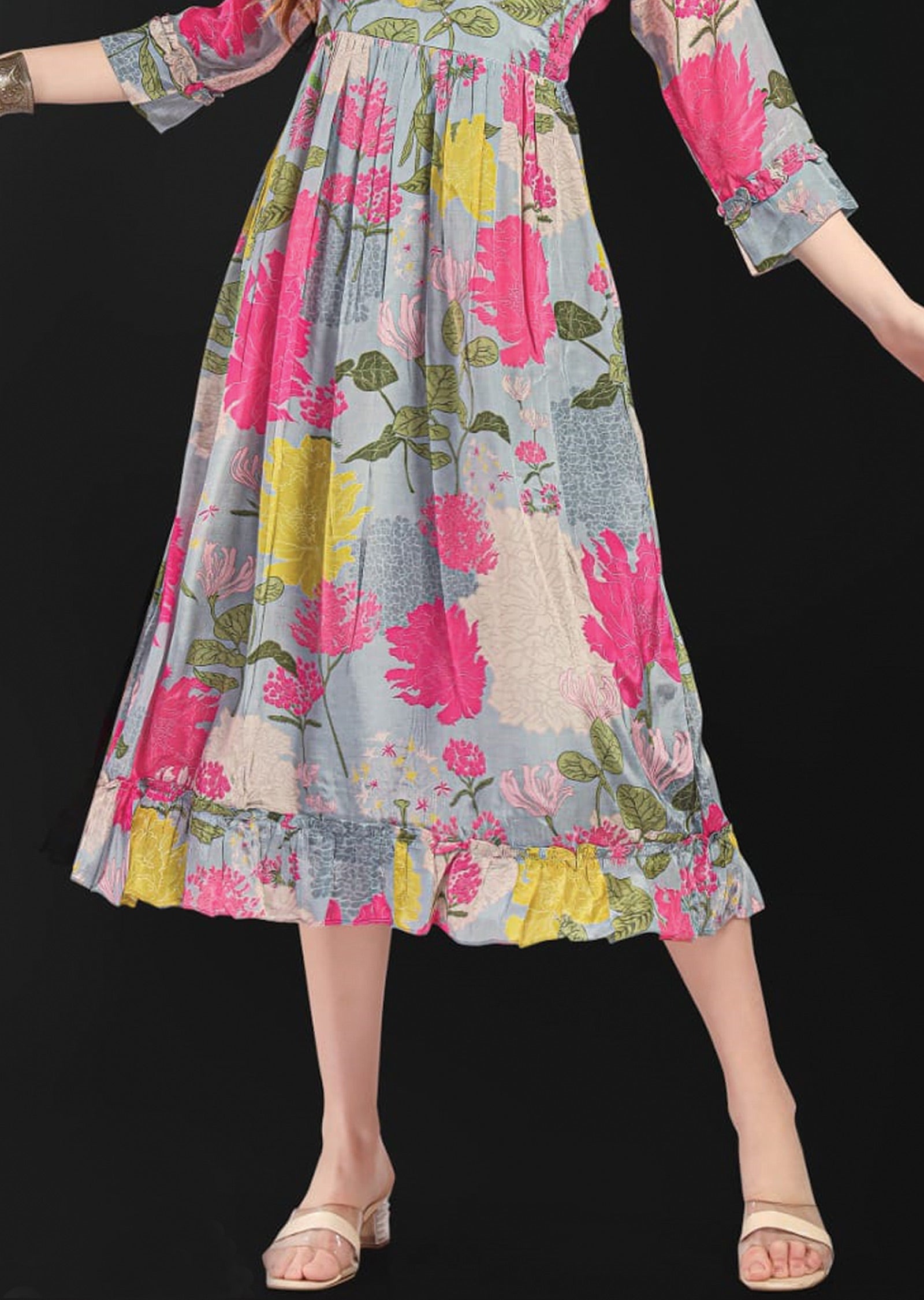 Light Grey Crepe Frock Kurti with Pearl & Sequence Work
