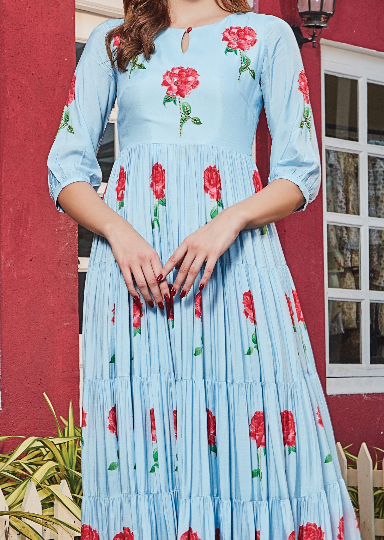 Light Blue Frock Style Kurti with Cut Dana Work