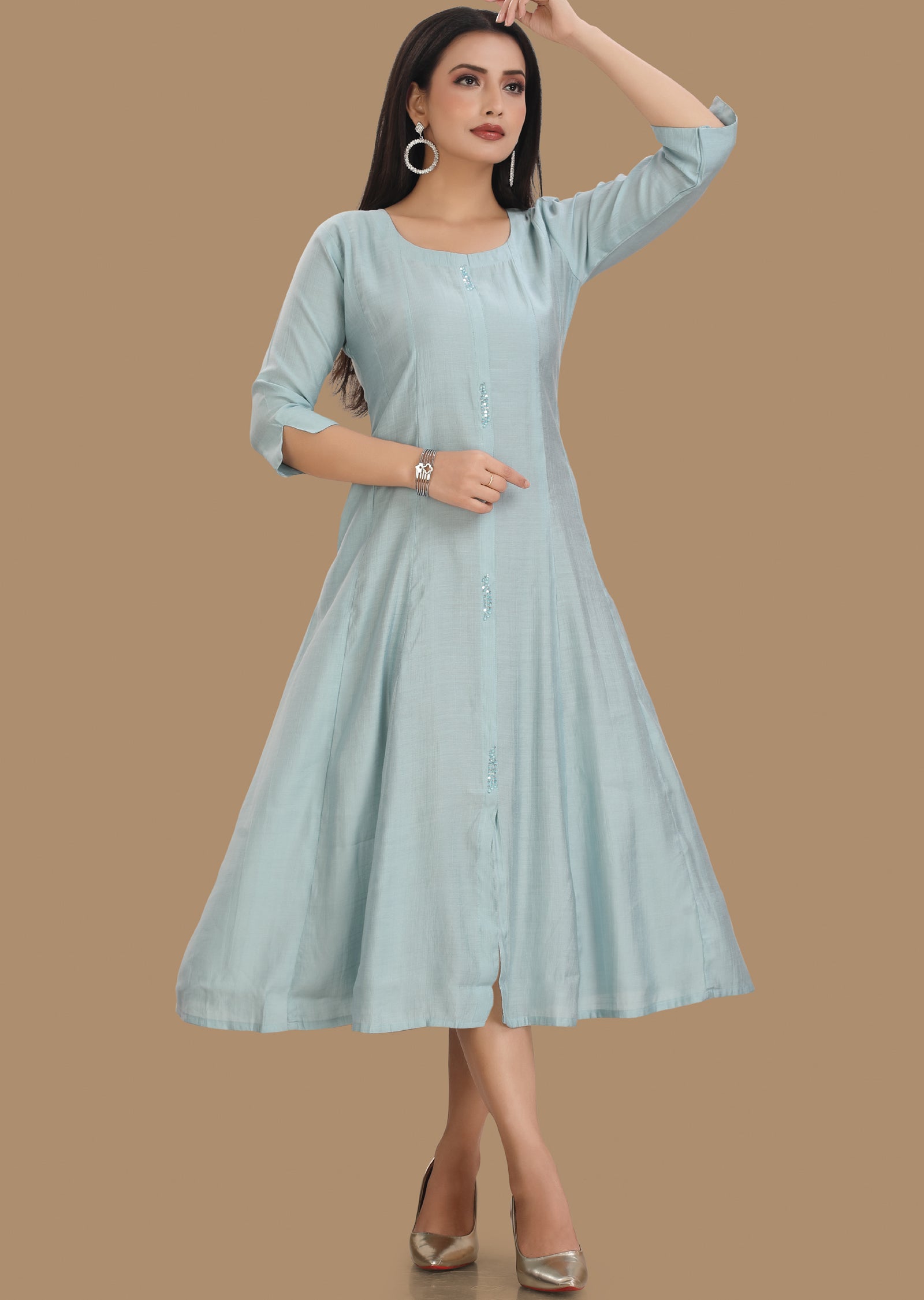 Dusty Blue Soft Silk Kurti Frock Style