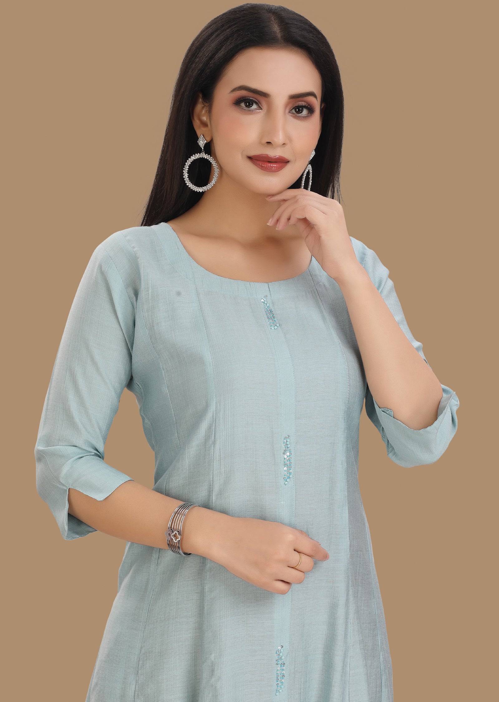 Dusty Blue Soft Silk Kurti Frock Style