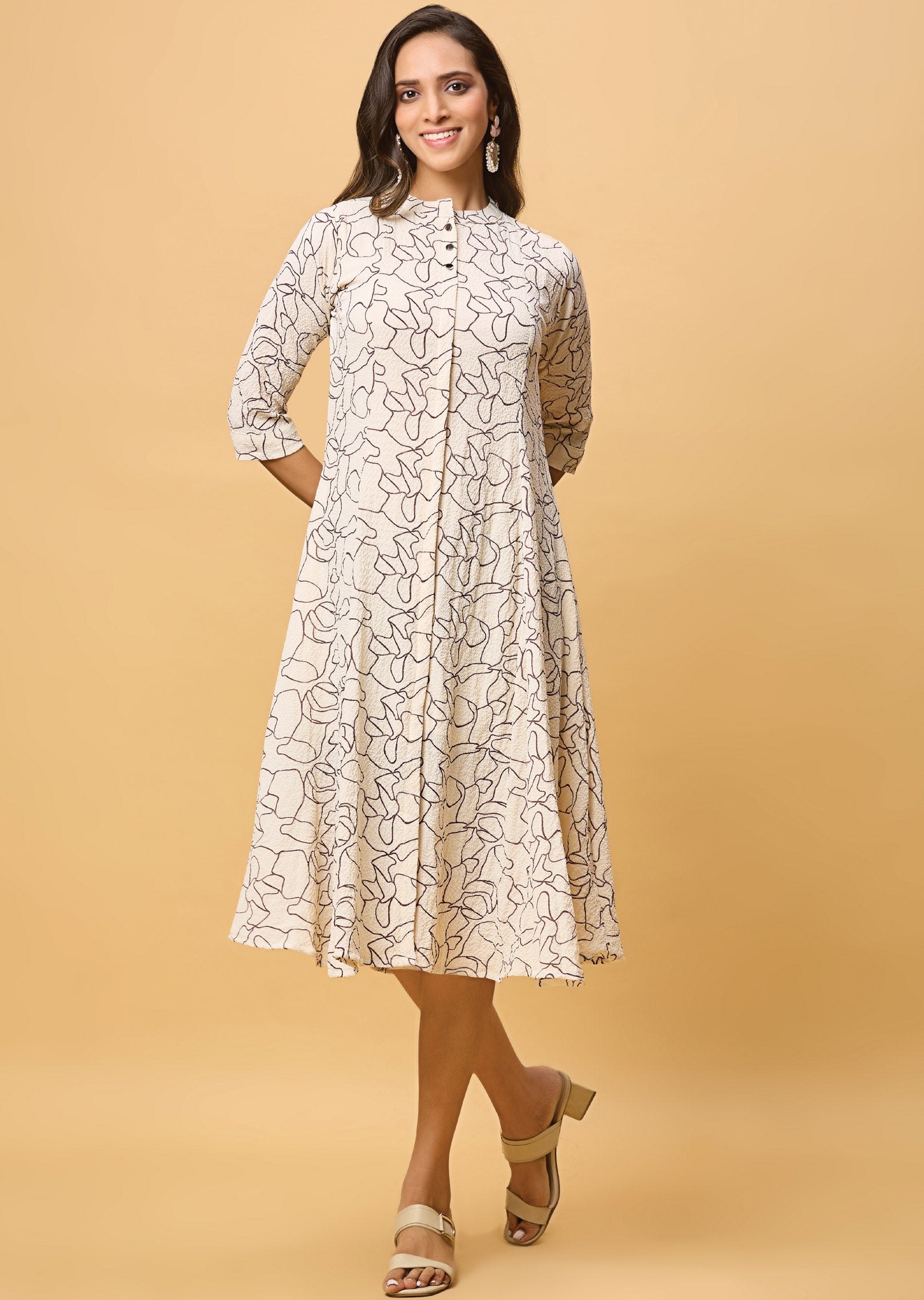 Beige & Brown Georgette Midi Dress