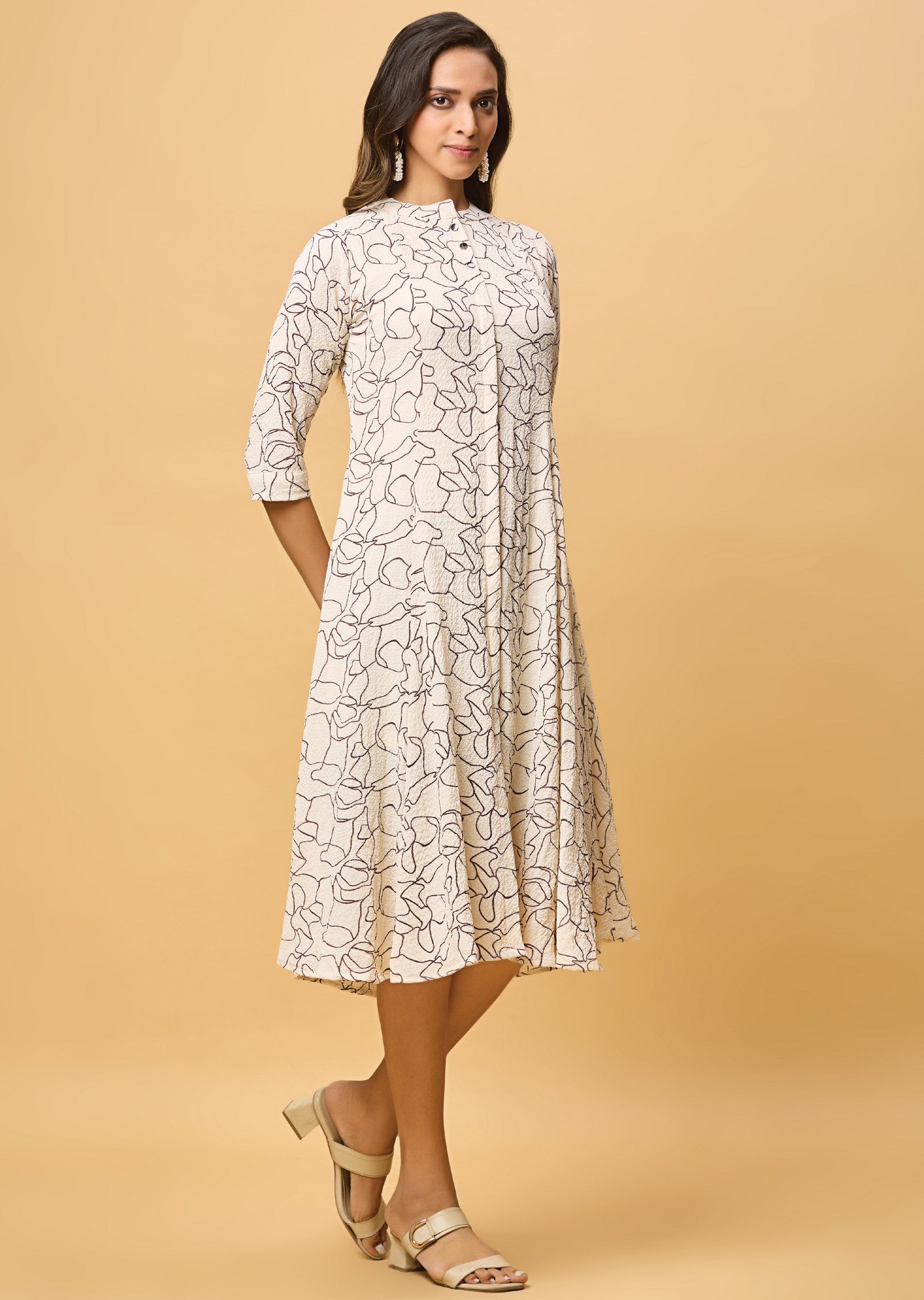 Beige & Brown Georgette Midi Dress