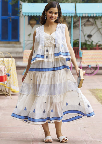 Off White & Blue Cotton Midi Dress