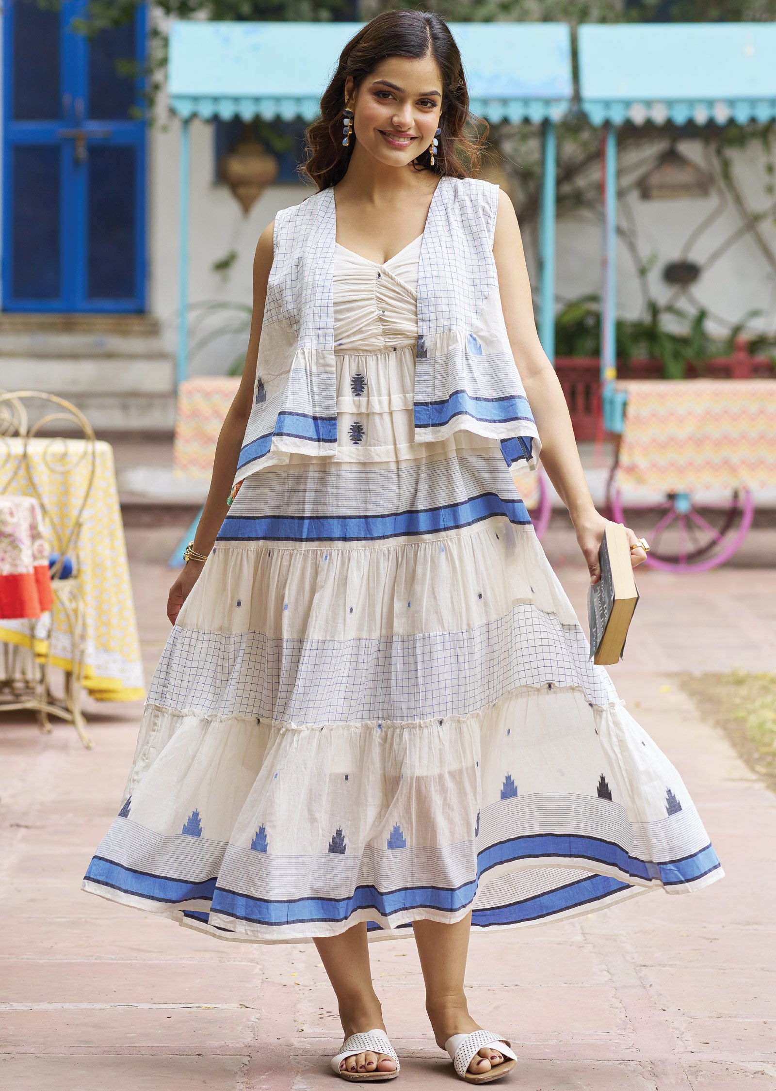 Off White Blue Cotton Midi Dress