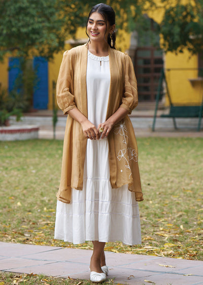 Off White & Brown Cotton Midi Dress