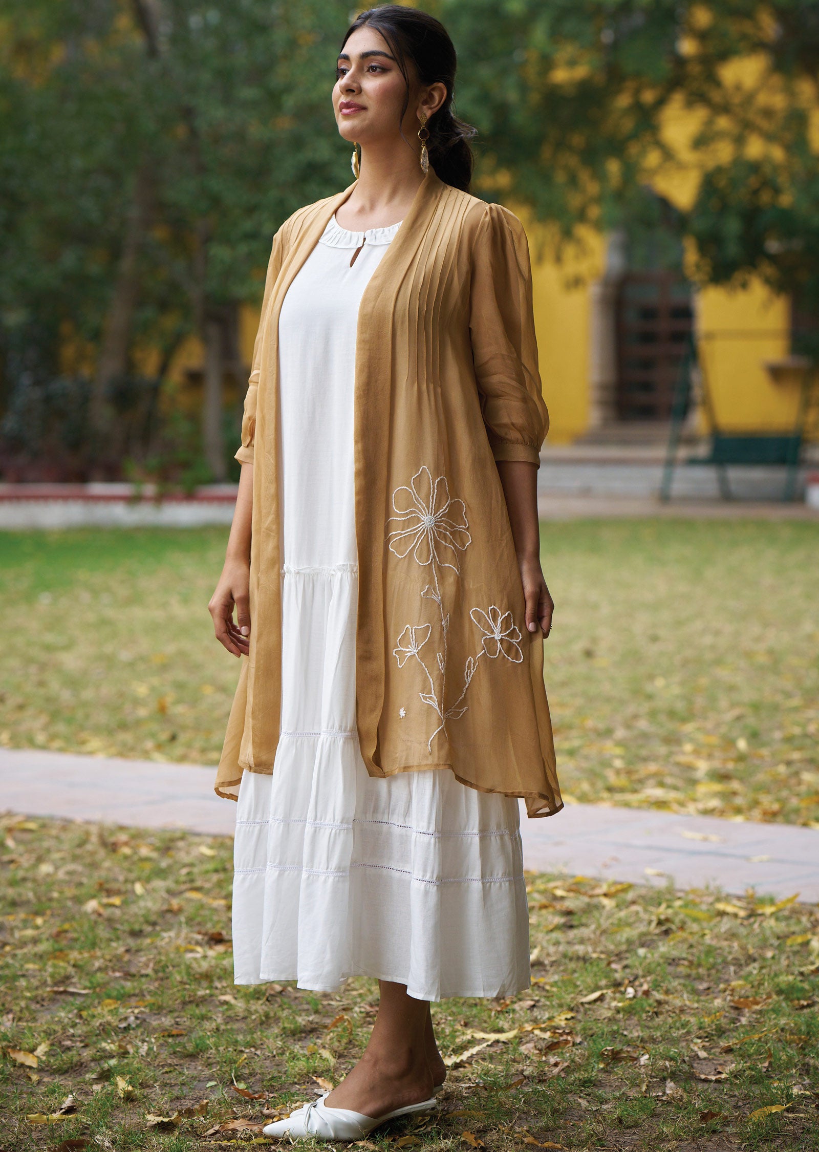 Off White & Brown Cotton Midi Dress