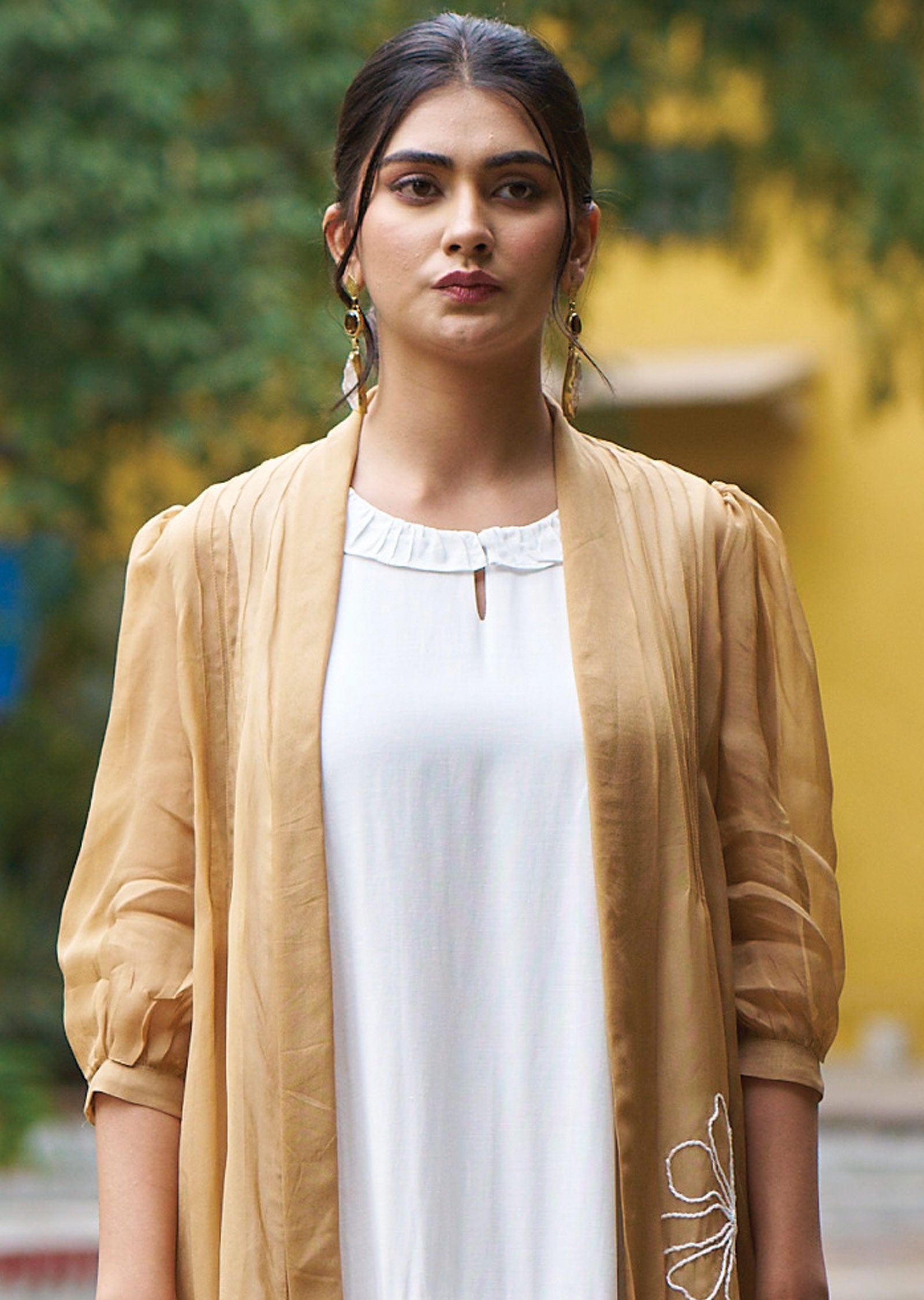 Off White & Brown Cotton Midi Dress