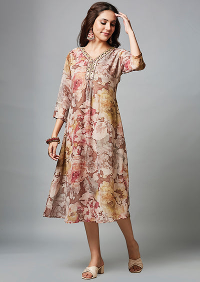 Brown Georgette Midi Dress