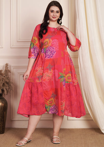 Red & Rani Pink Cotton Midi Dress