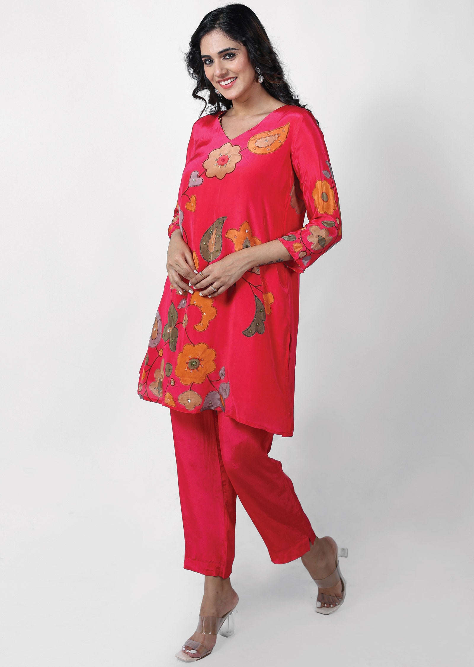 Rani Pink Crepe Embroidered Kurti Sets