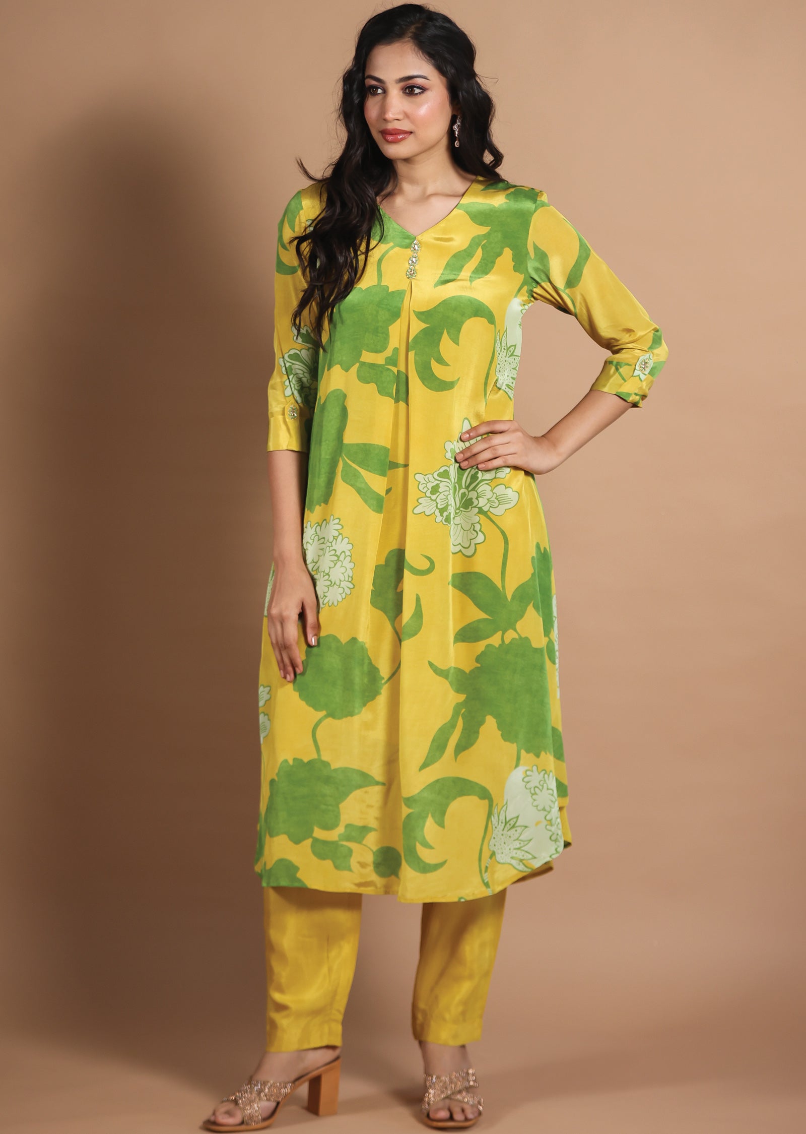 Yellow & Green Crepe Kurti Sets