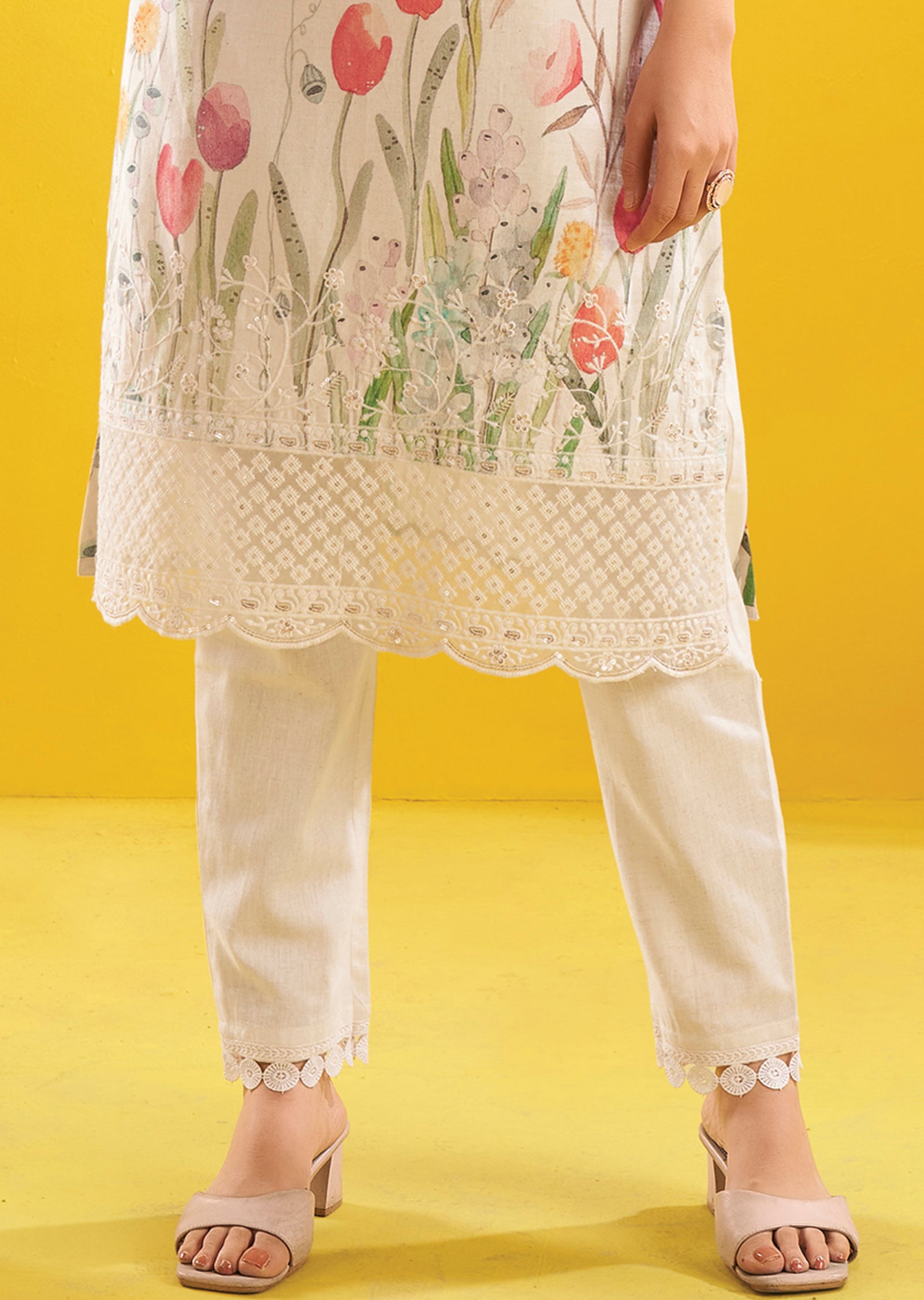 Cream Cotton Straight Cut Kurti Set