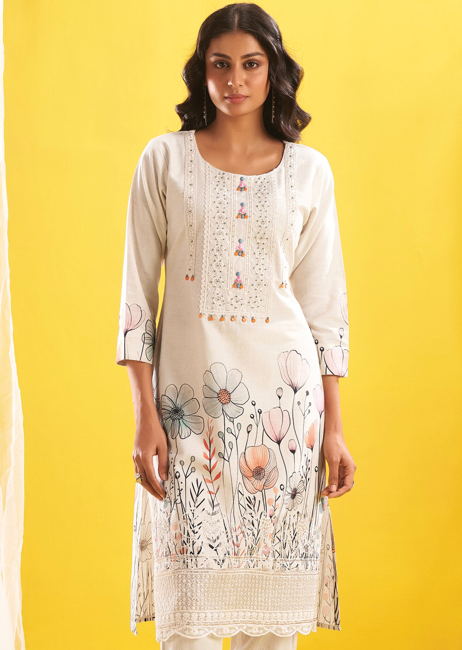Cream Cotton Straight Cut Kurti Set