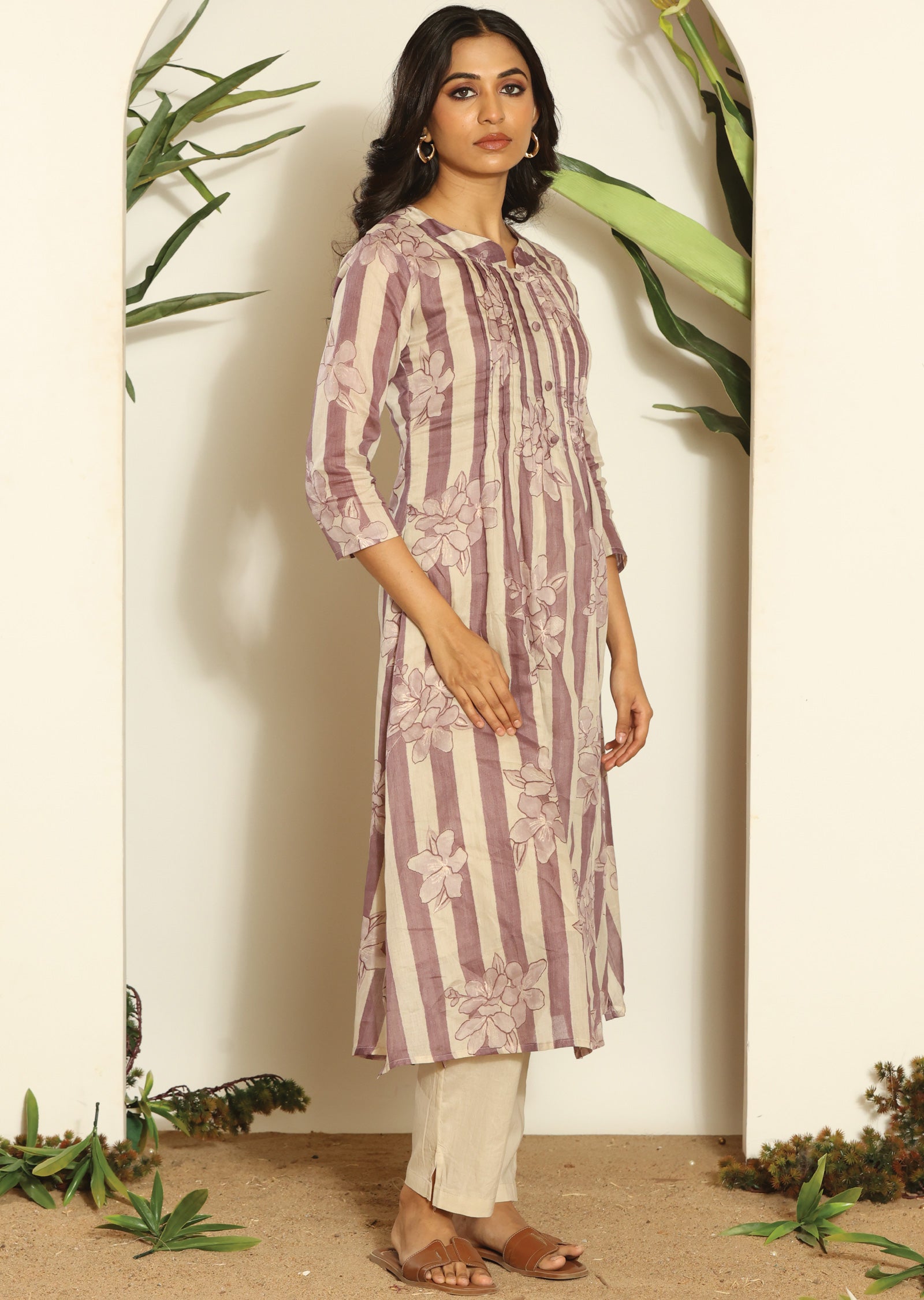 Mauve & Beige Cotton Straight Cut Kurti Set