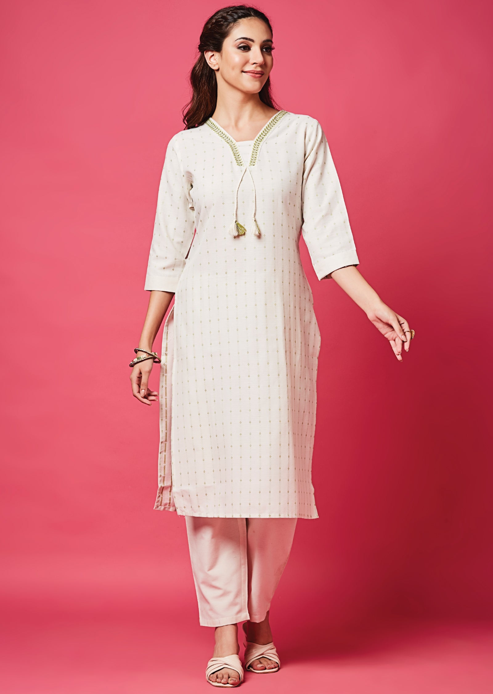 Off White Cotton Straight Cut Kurti Set
